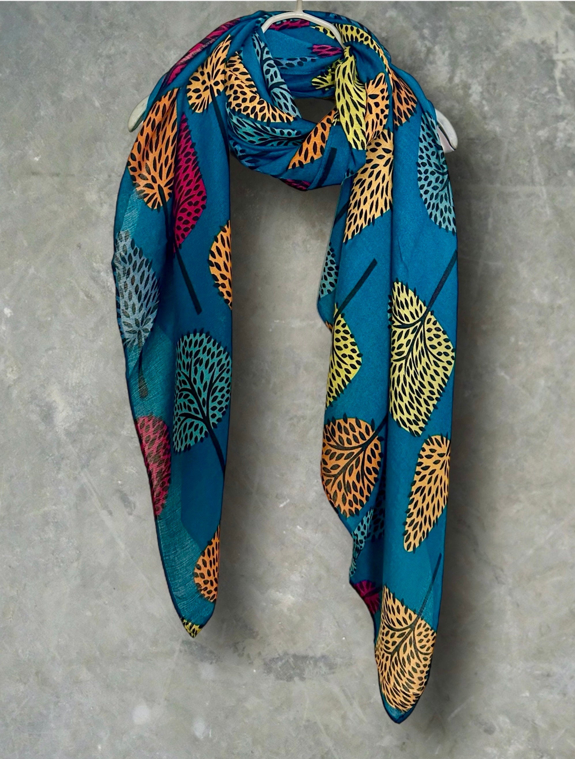 Teal Blue Stylized Botanical Print Featuring Various Tree Organic Cotton Blend Scarf