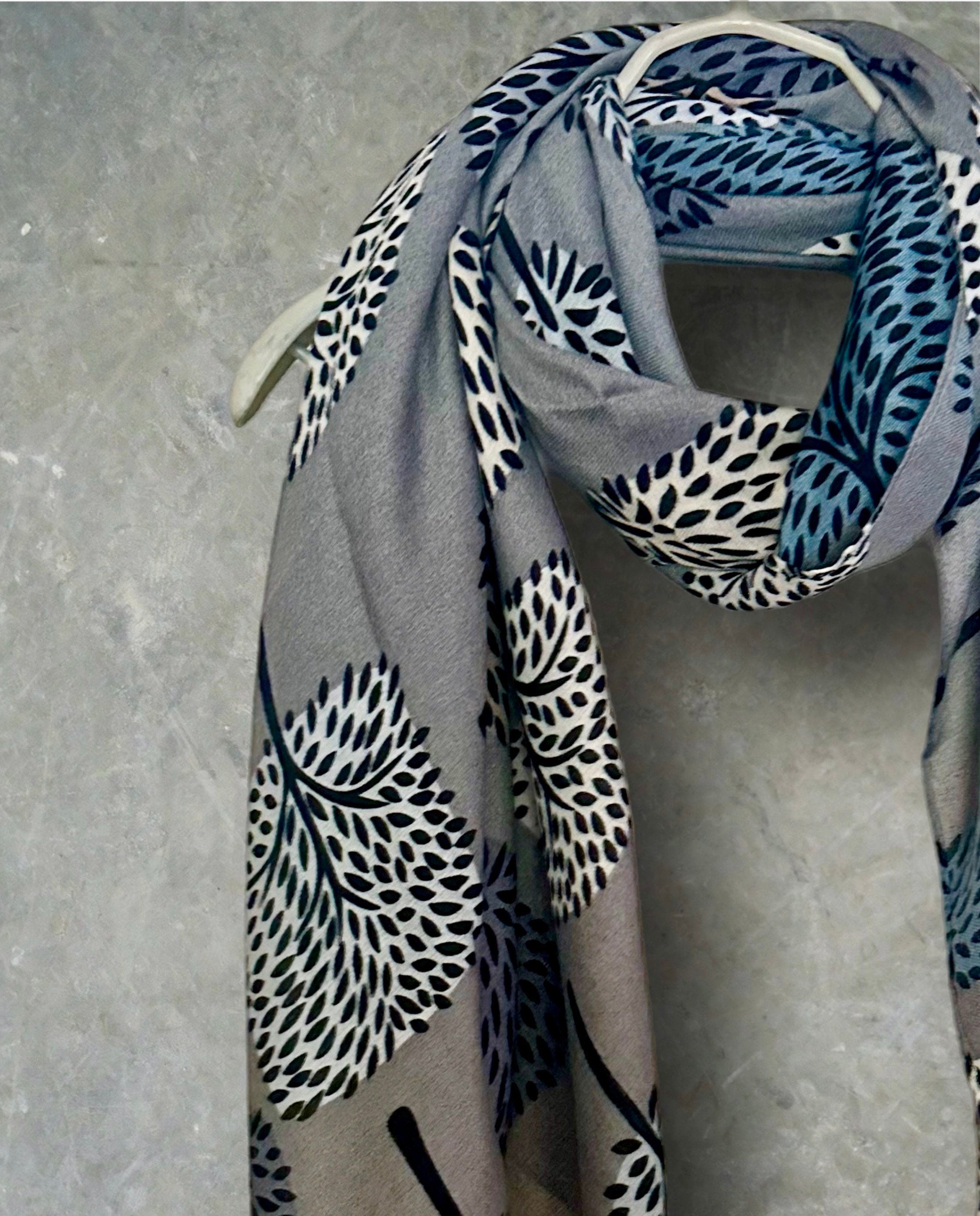 Stylish Grey Botanical Print Featuring various Tree Cotton Blend Scarf