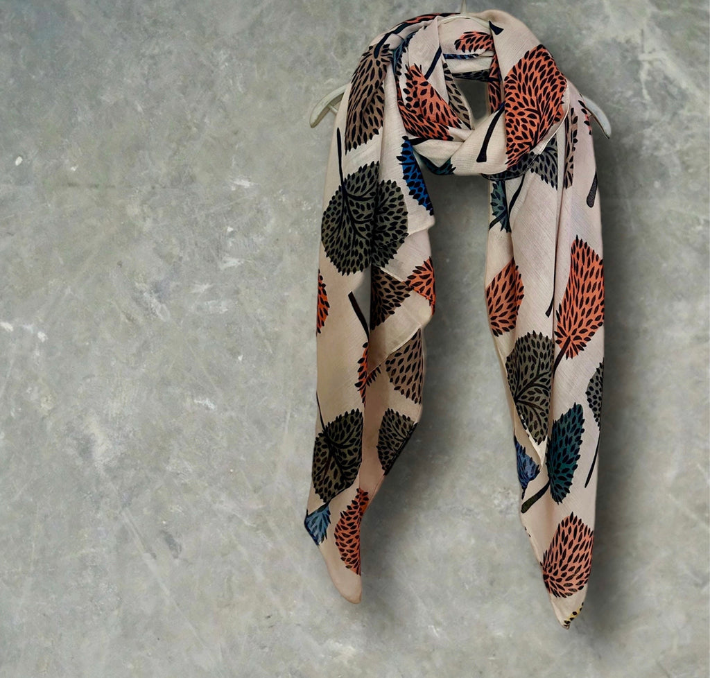 Stylish Light Pink Botanical Print Featuring various Tree Cotton Blend Scarf