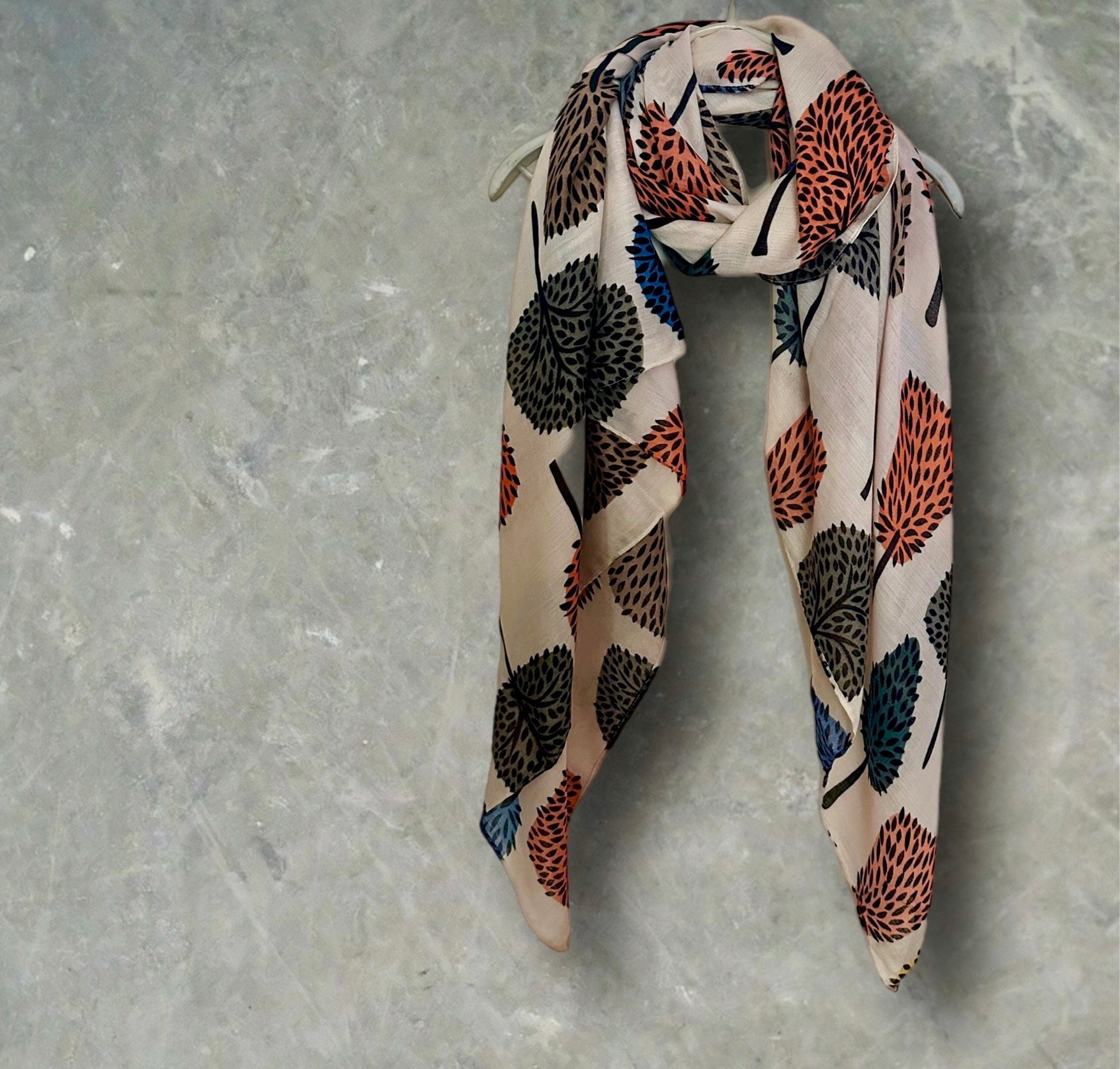 Stylish Light Pink Botanical Print Featuring various Tree Cotton Blend Scarf
