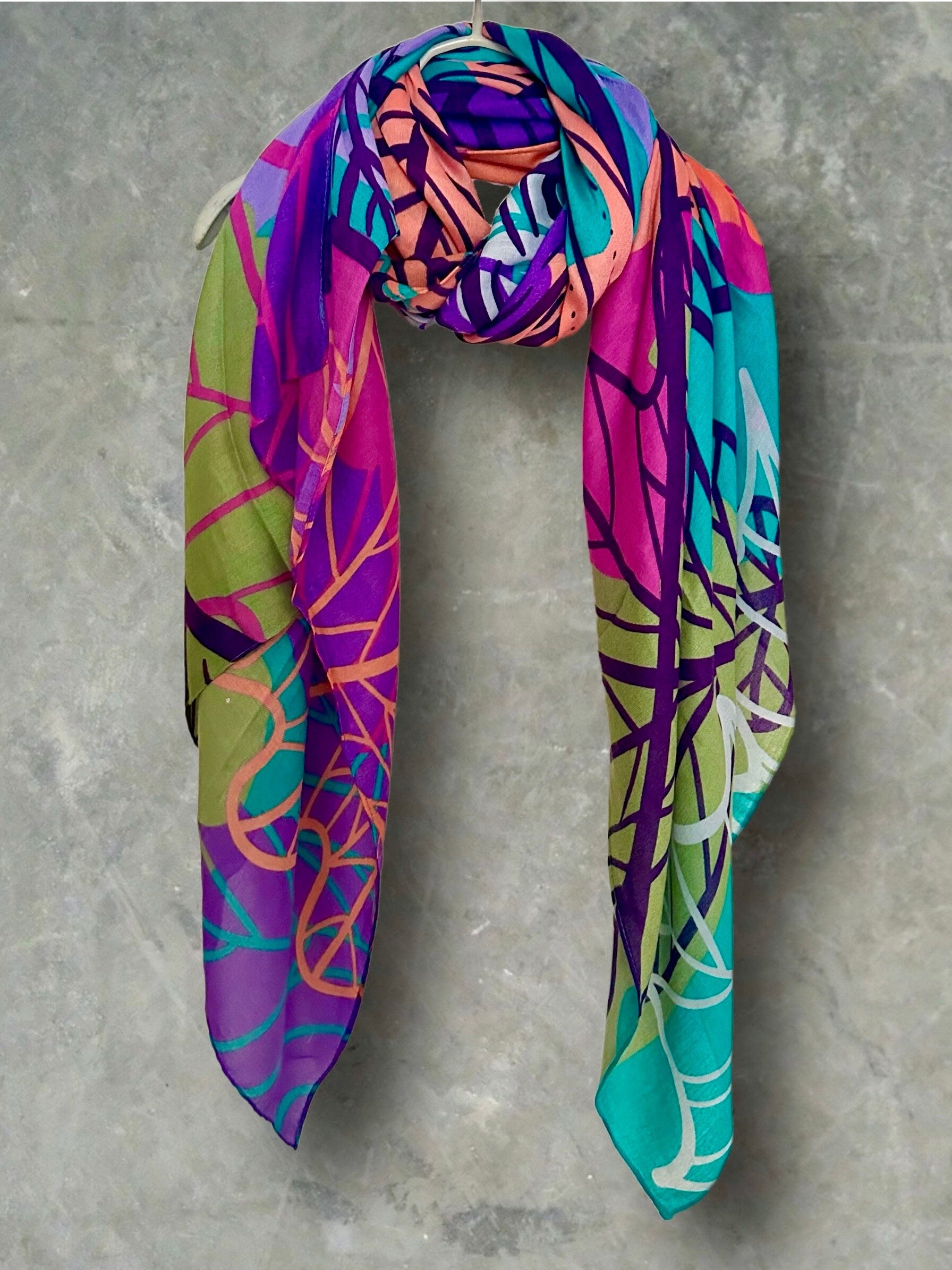 Stunning Purple Cotton Scarf Featuring Large Autumn Leaves