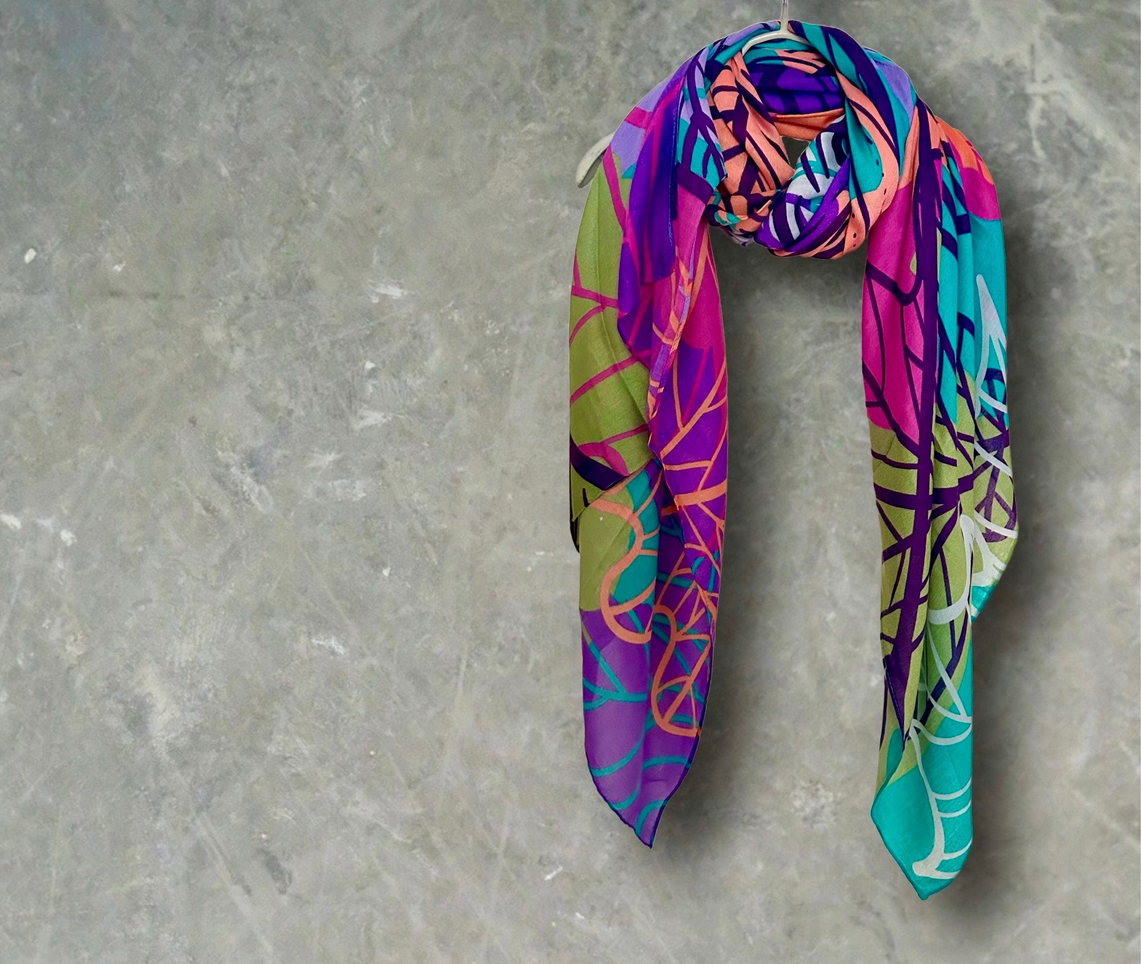 Stunning Purple Cotton Scarf Featuring Large Autumn Leaves