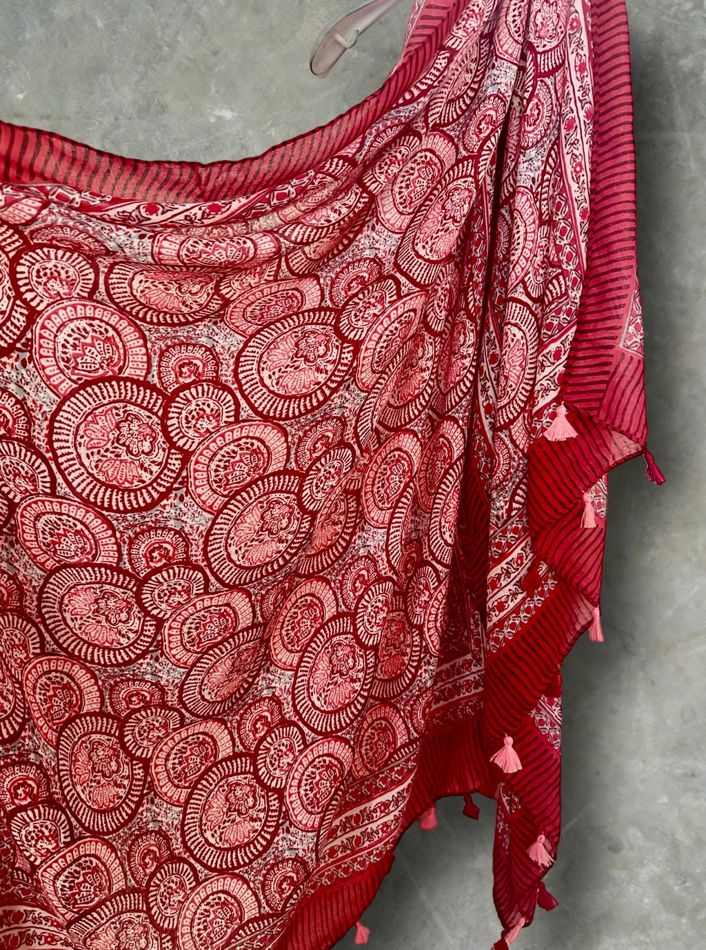 Red Circular Ornamental Pattern with Tassels Red Cotton Scarf for Women,Ideal for All season,Great Gifts for Her,Mom,Birthday and Christmas