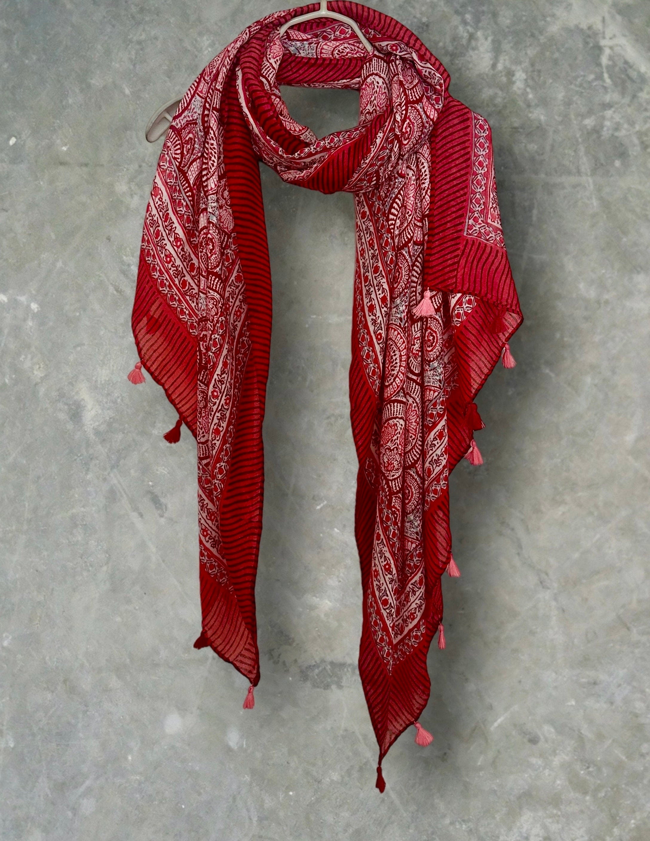 Red Circular Ornamental Pattern with Tassels Red Cotton Scarf for Women,Ideal for All season,Great Gifts for Her,Mom,Birthday and Christmas