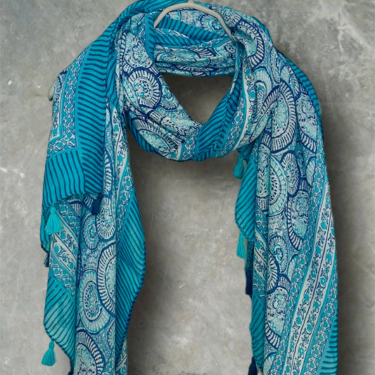 Blue Circular Ornamental Pattern with Tassels Cotton Scarf for Women,Perfect for All Seasons,Ideal Gifts for Her,Mom,Birthdays and Christmas