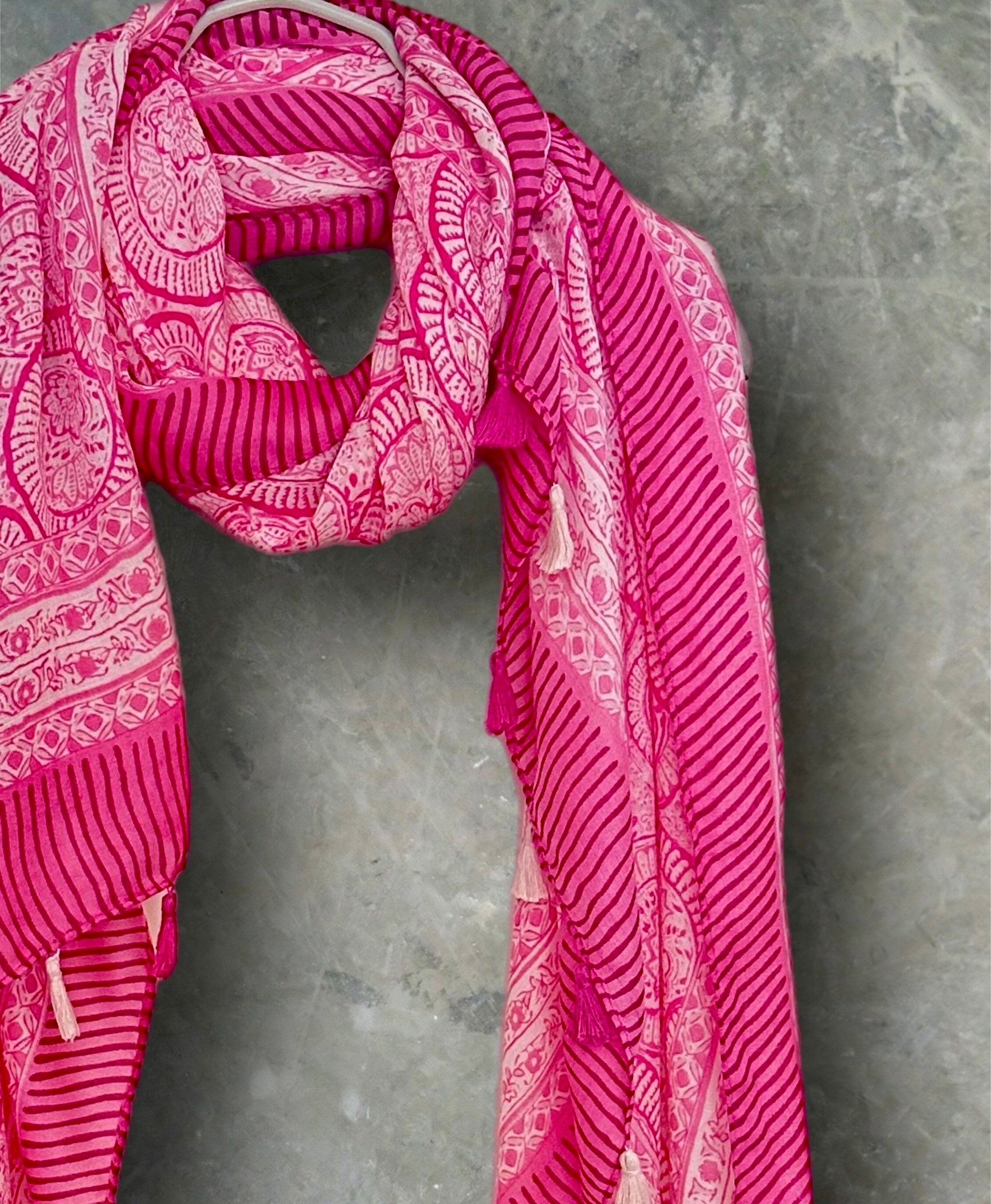Pink Circular Ornamental Pattern with Tassels Cotton Blend Scarf
