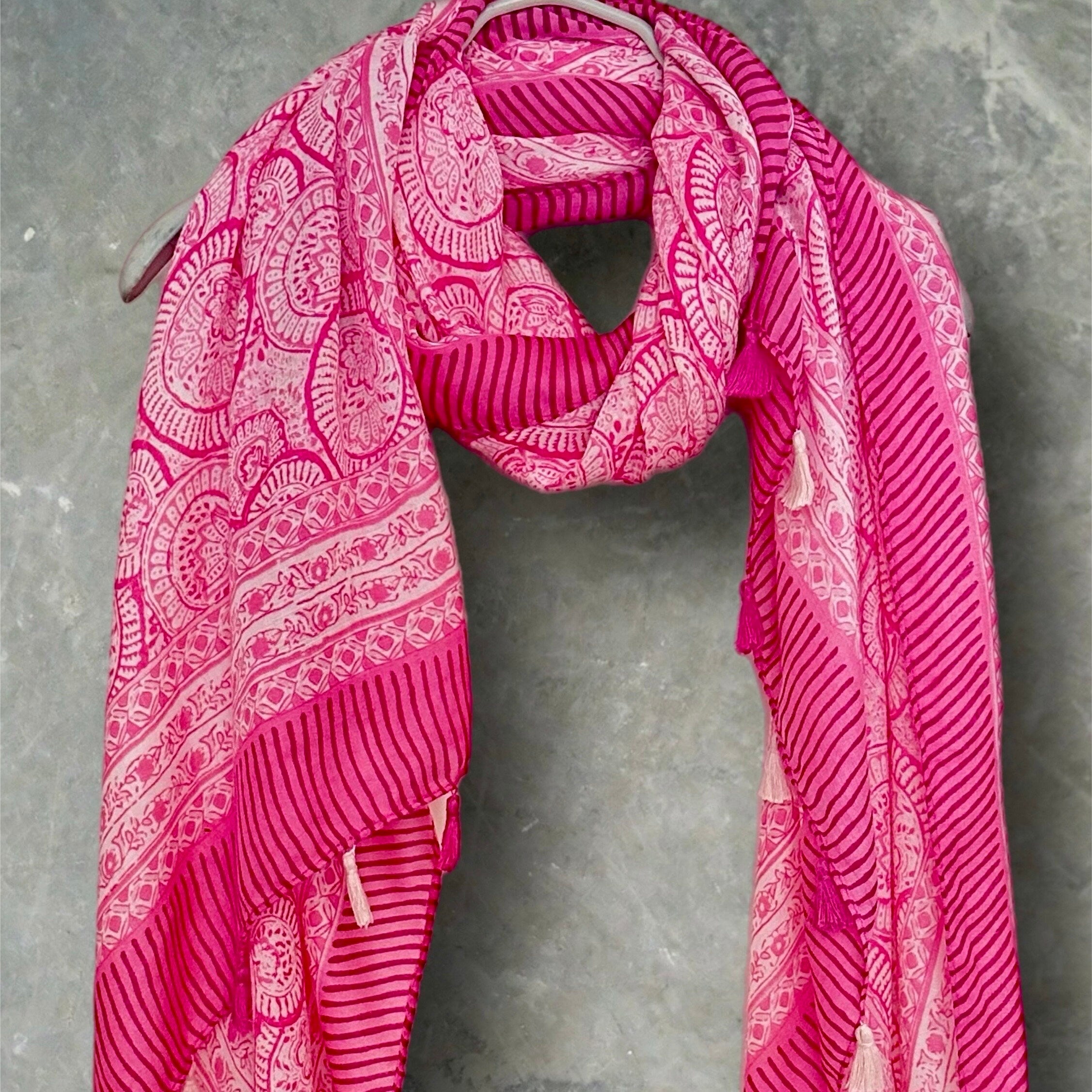 Pink Circular Ornamental Pattern with Tassels Cotton Blend Scarf