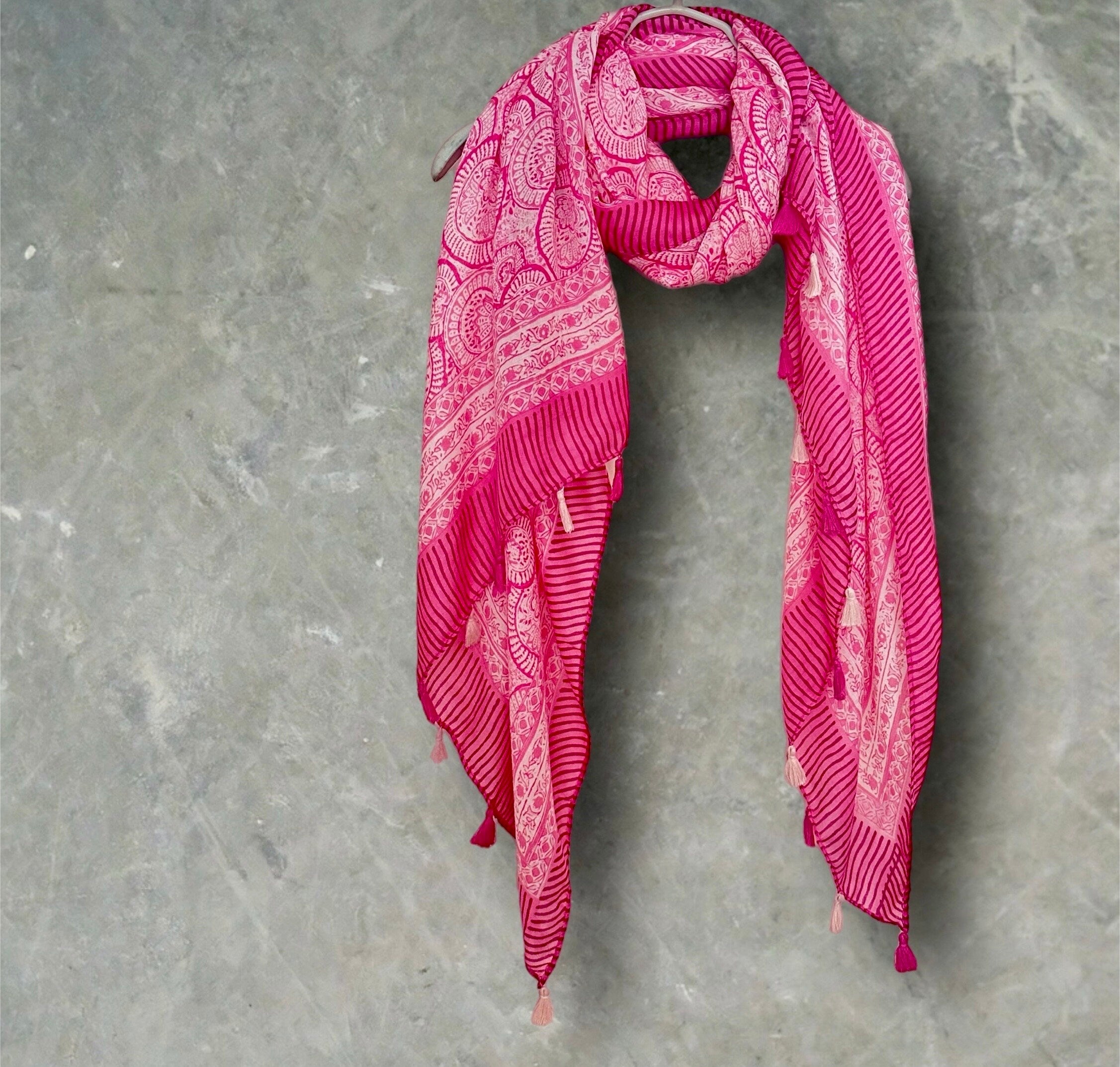 Pink Circular Ornamental Pattern with Tassels Cotton Blend Scarf