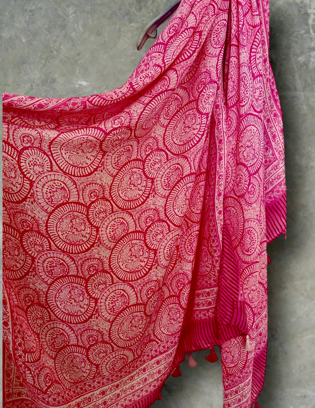Pink Circular Ornamental Pattern with Tassels Cotton Blend Scarf