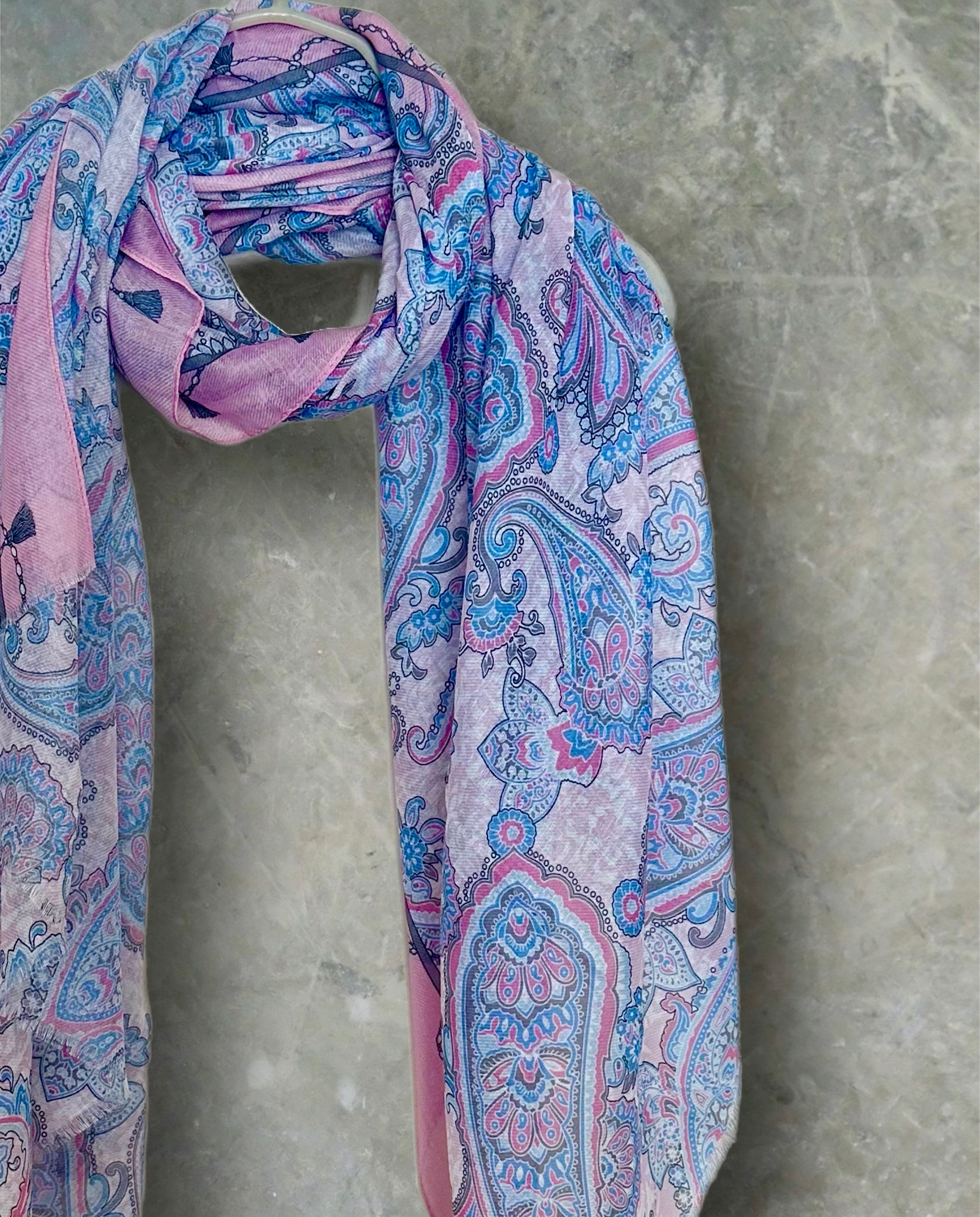 Blue/Pink Cotton Scarf Featuring Paisley Pattern