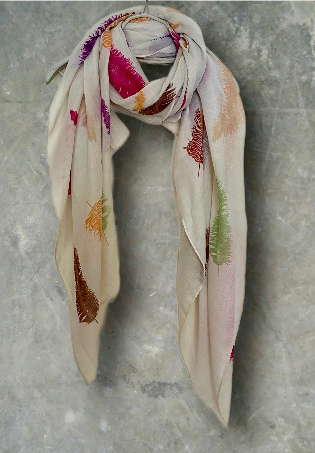 Light Beige Cotton Blend Scarf Featuring Feathers