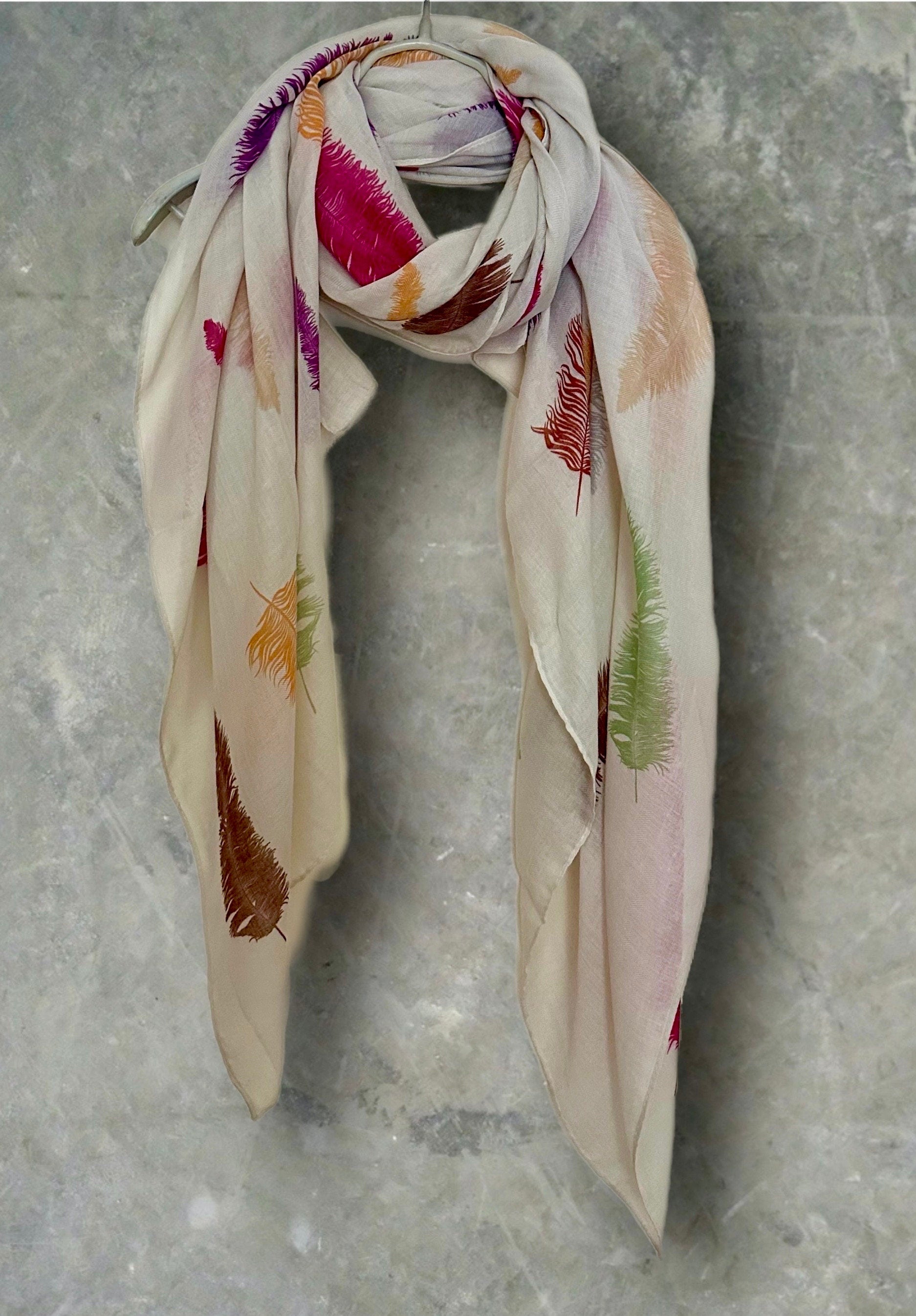 Light Beige Cotton Blend Scarf Featuring Feathers