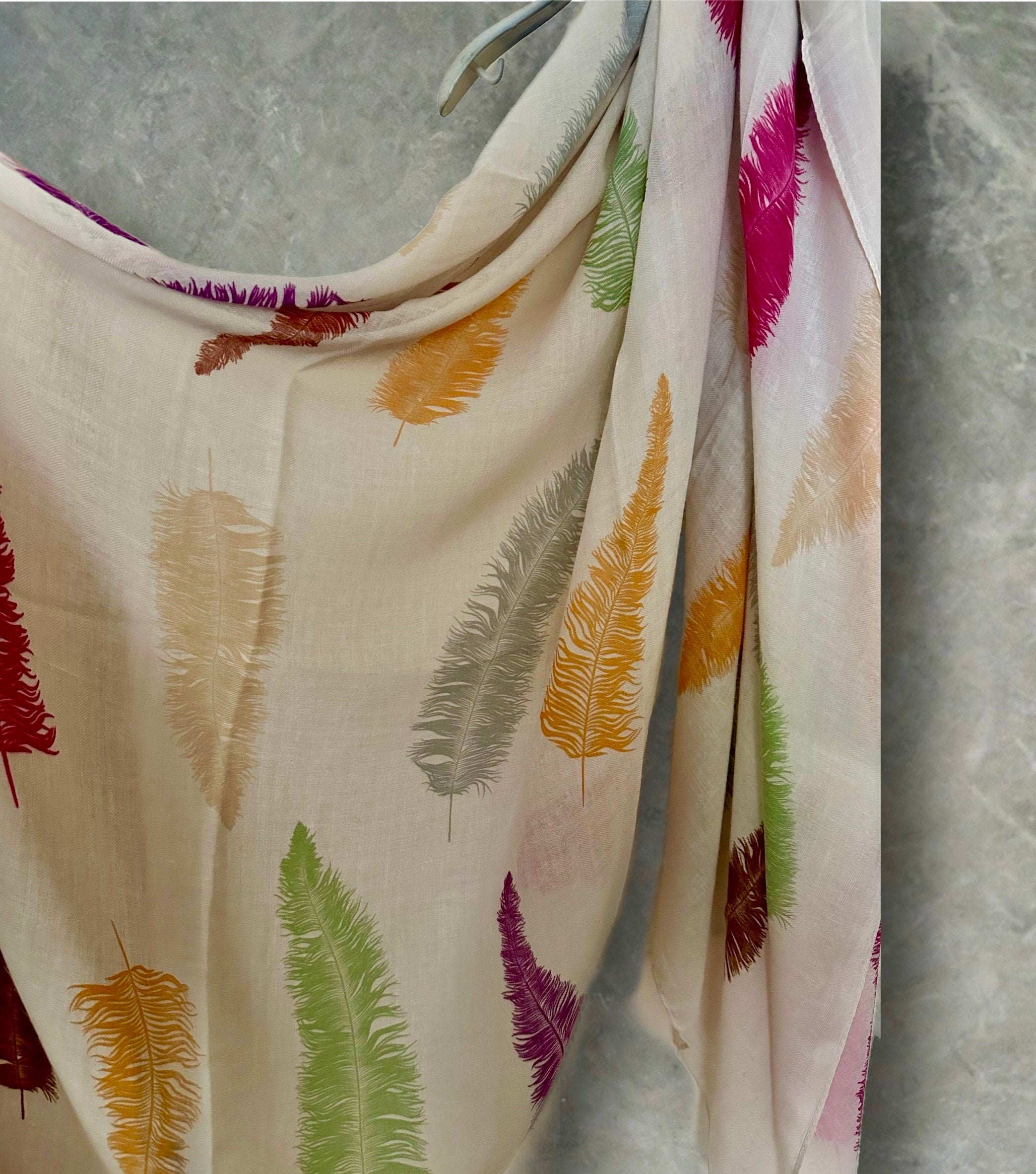 Light Beige Cotton Blend Scarf Featuring Feathers