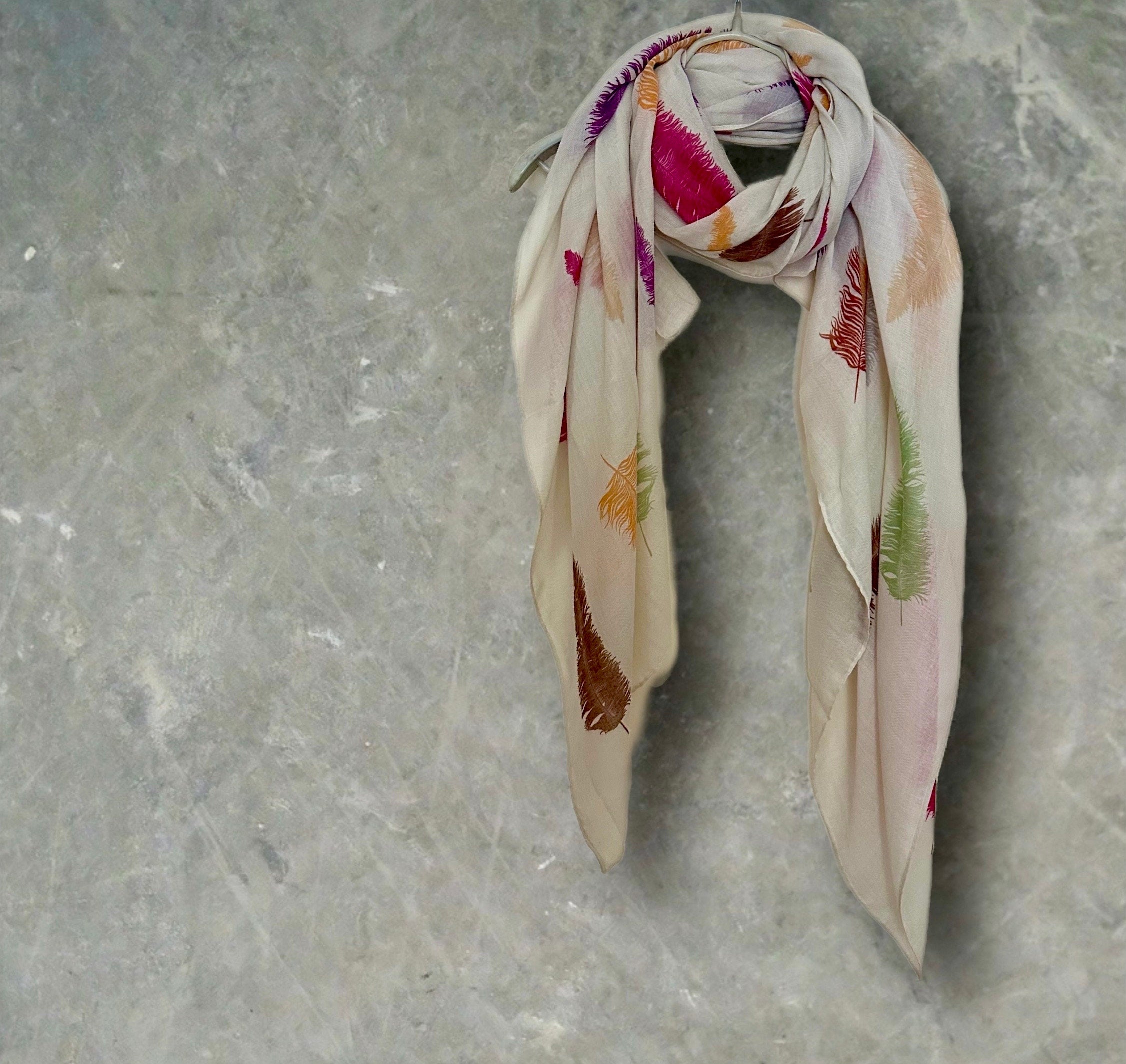 Light Beige Cotton Blend Scarf Featuring Feathers