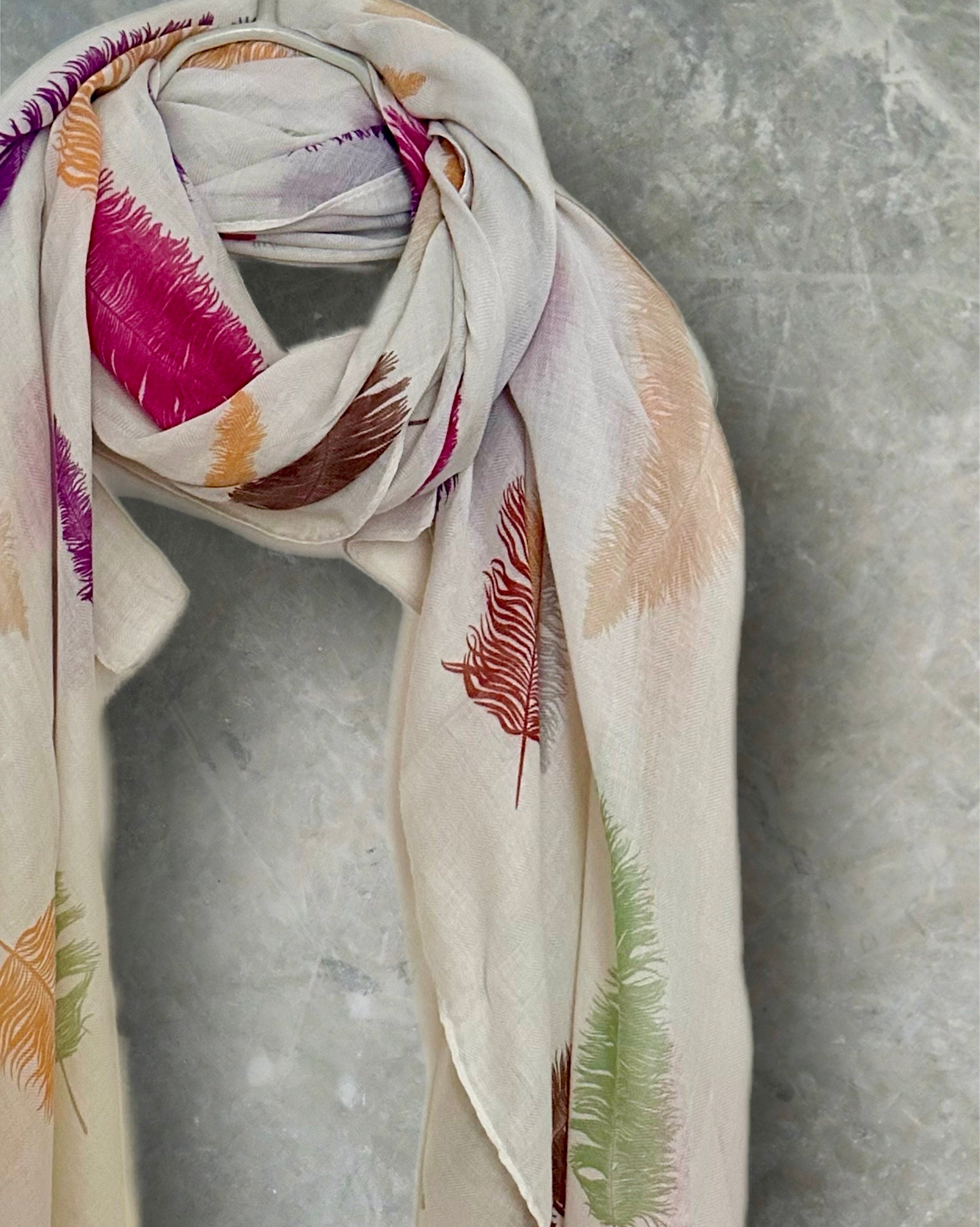 Light Beige Cotton Blend Scarf Featuring Feathers