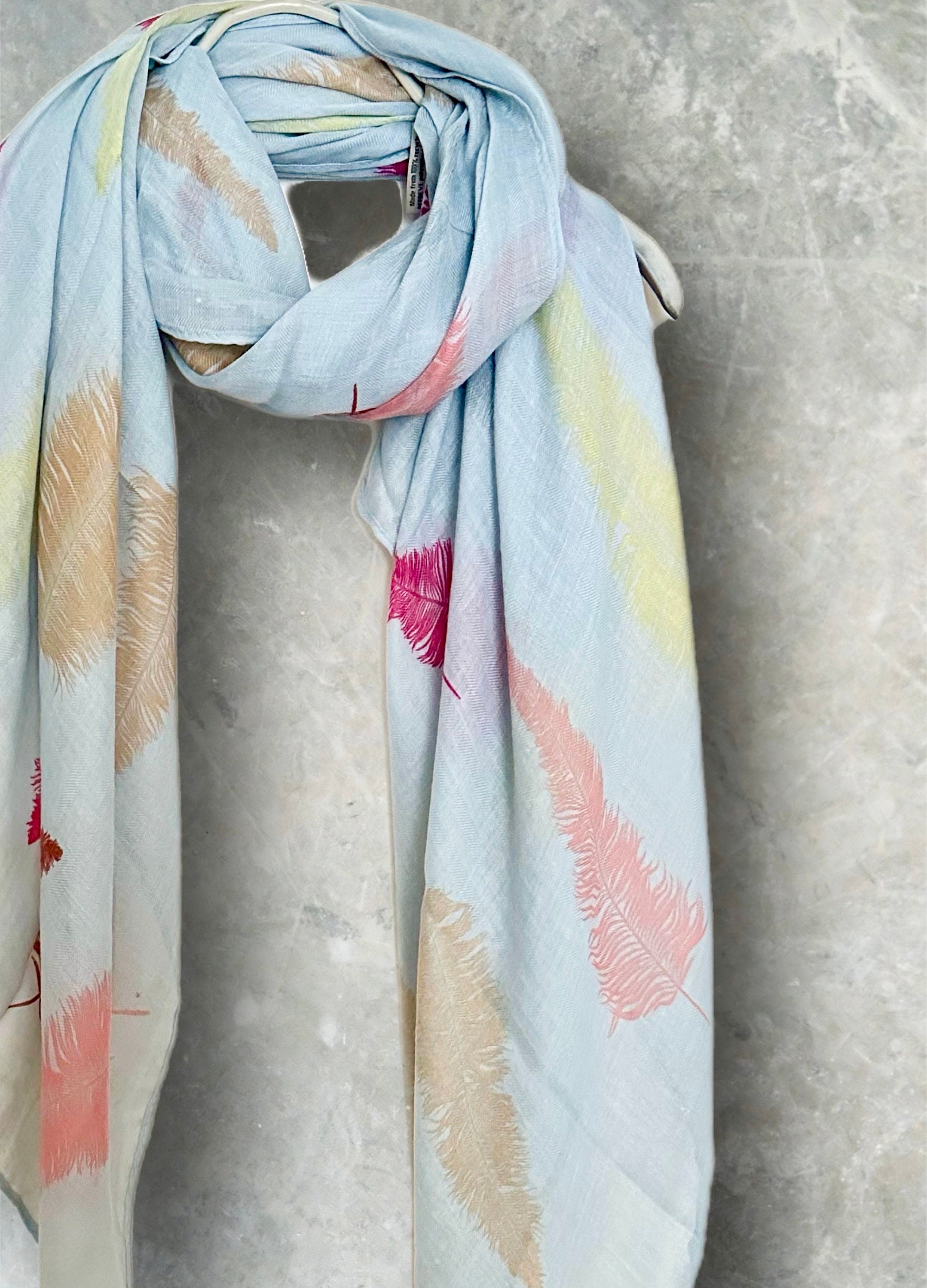 Exquisite Baby Blue Cotton Blend Scarf with Feathers Print
