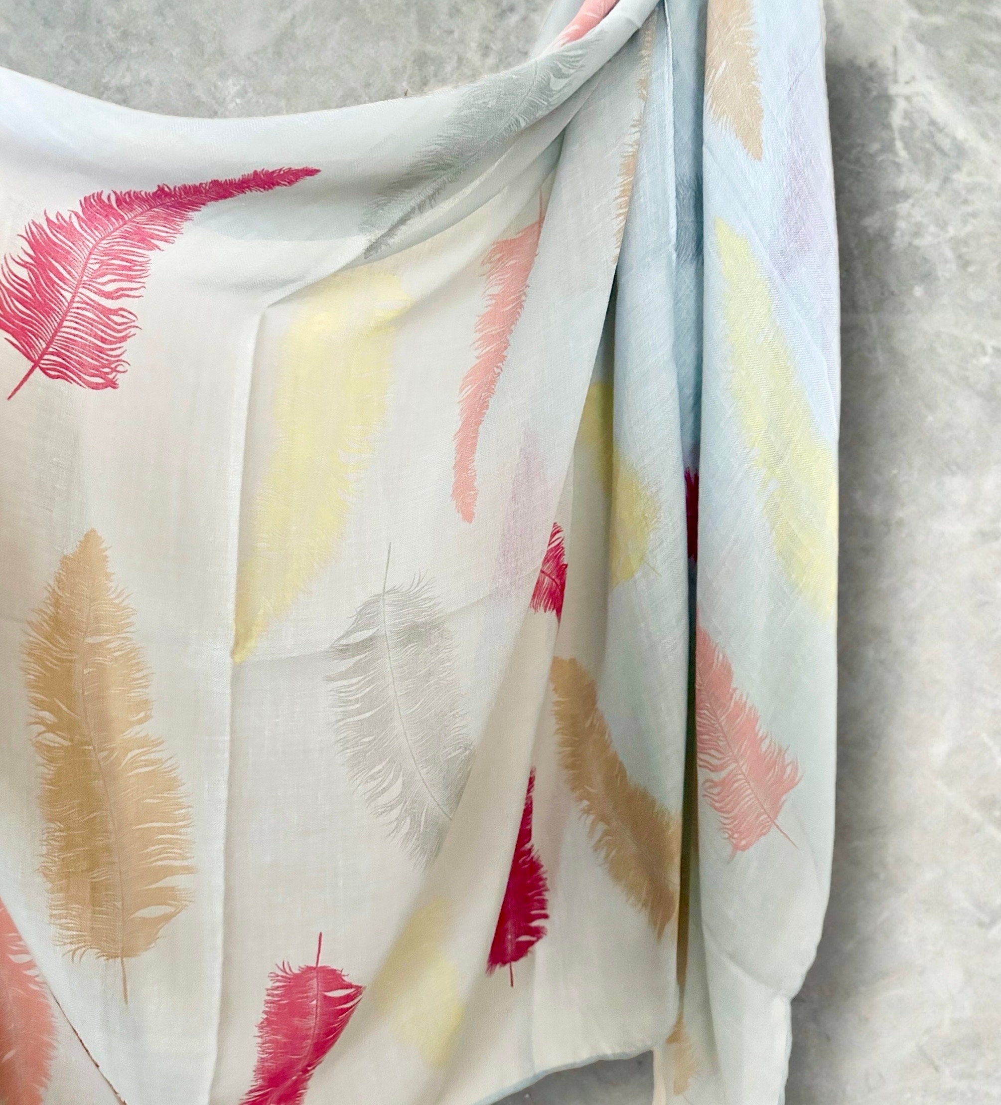 Exquisite Baby Blue Cotton Blend Scarf with Feathers Print