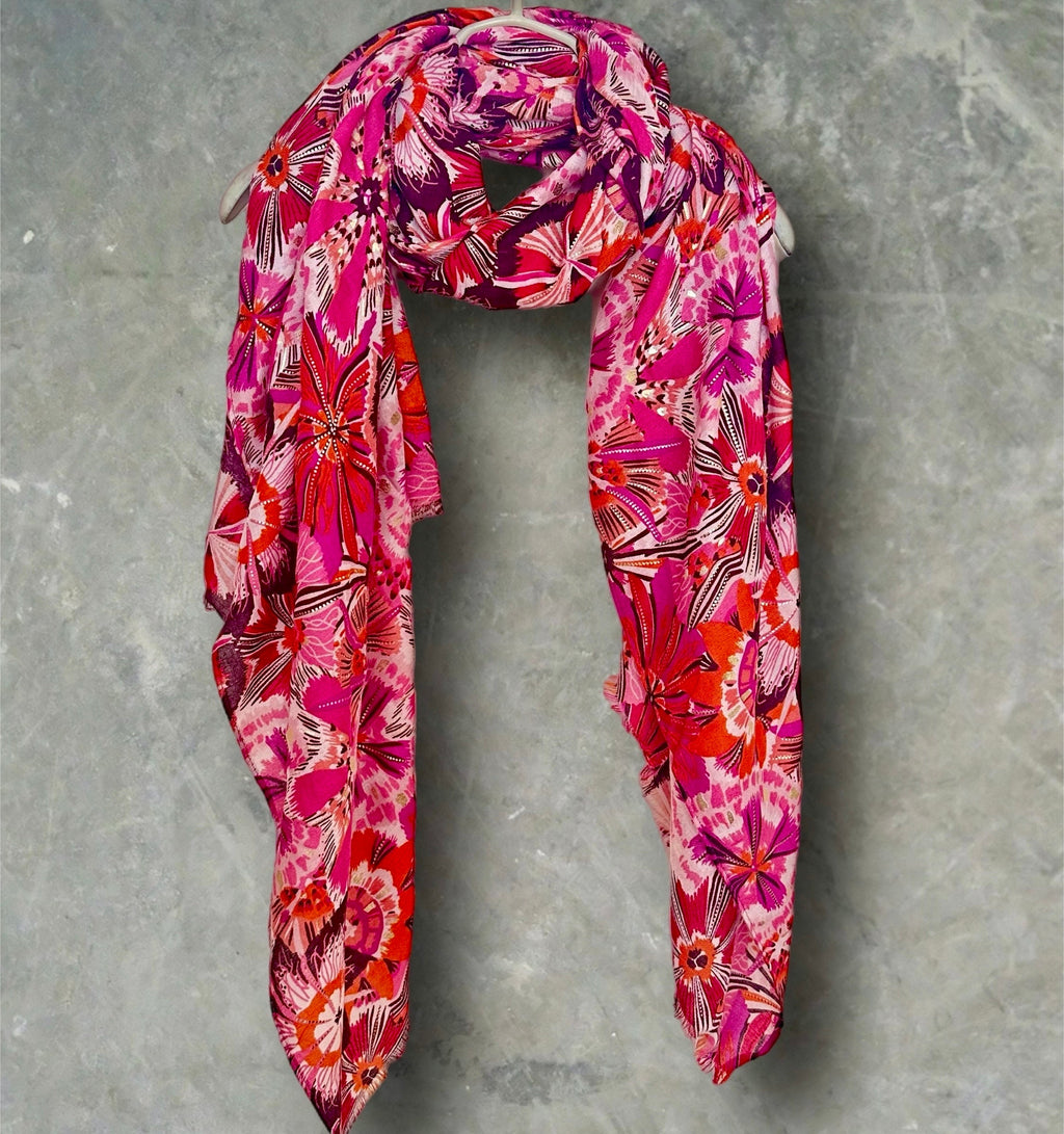 Fuchsia Pink Foliage Motif Print Scarf with Gold Accents