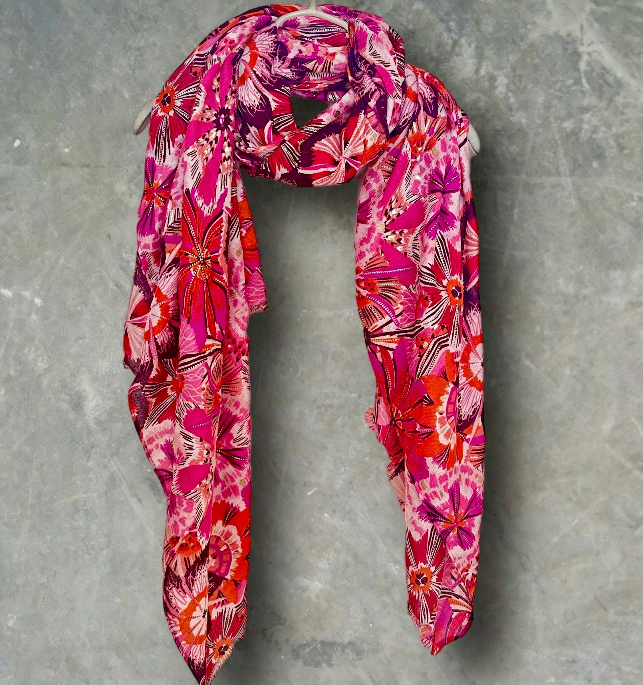 Fuchsia Pink Foliage Motif Print Scarf with Gold Accents