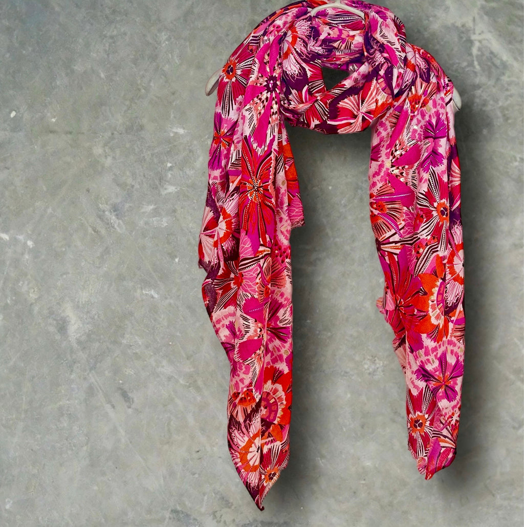 Fuchsia Pink Foliage Motif Print Scarf with Gold Accents