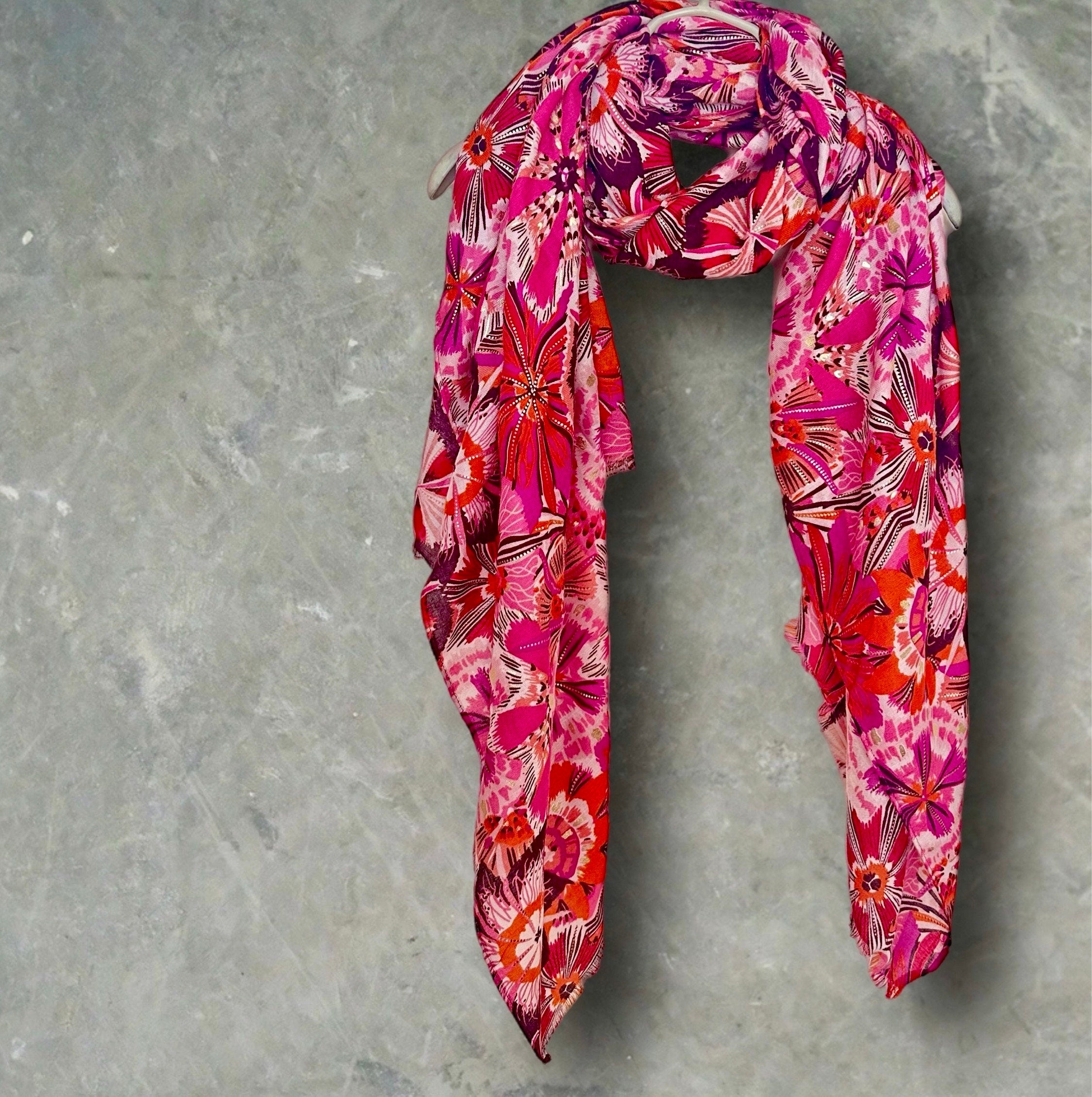 Fuchsia Pink Foliage Motif Print Scarf with Gold Accents