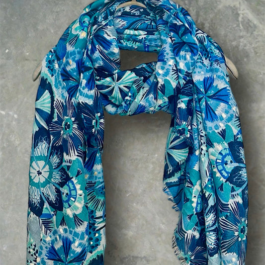 Blue Scarf Featuring Foliage Motif Print and Gold Accents for Women,Ideal Birthday Gifts for Her,Mom,Girlfriend,Suitable for All Seasons