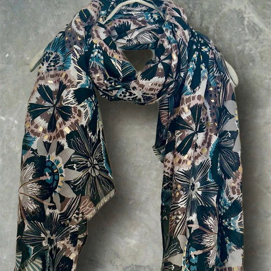 Black Scarf with Bohemian-Inspired Foliage Motif Print and Gold Accents for Women,Ideal Birthday Gifts,Great for All Season and Any Occasion