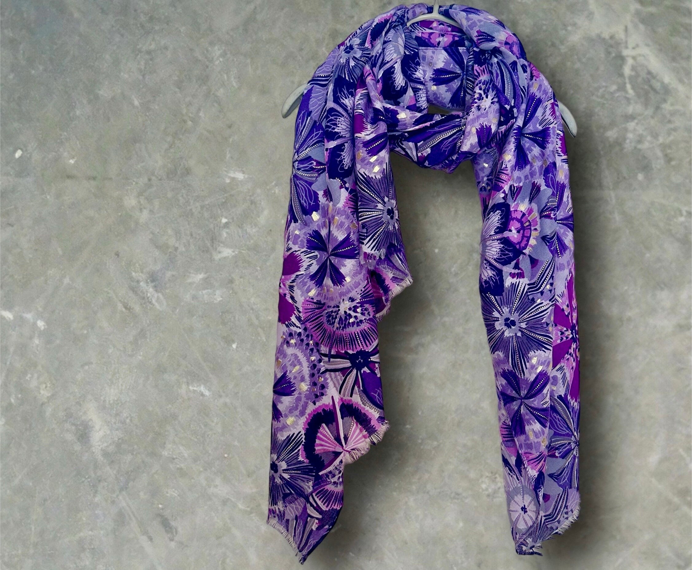 Bohemian-Inspired Purple Scarf Featuring Foliage Motif Print with Gold Accents