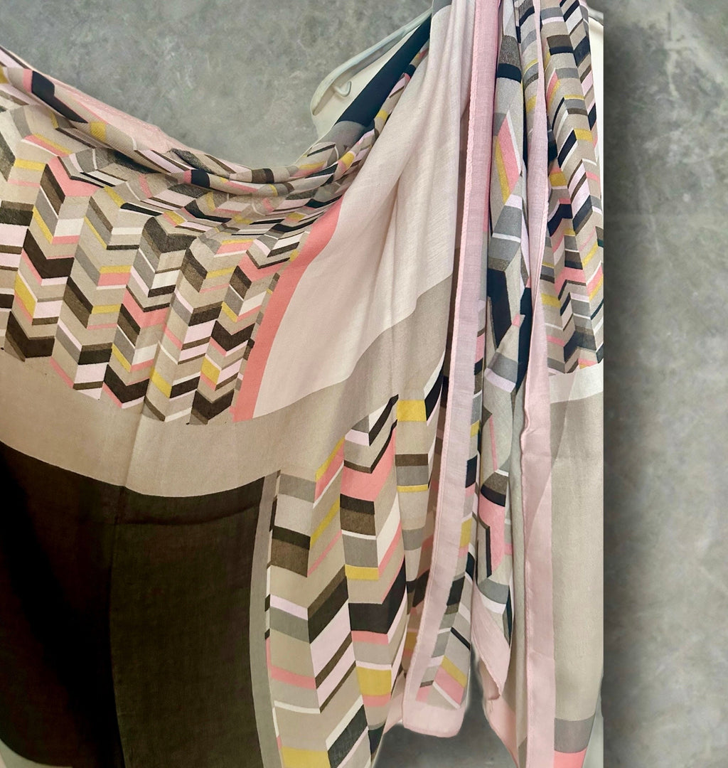Grey Retro Inspired Geometric with Pink Trim Scarf