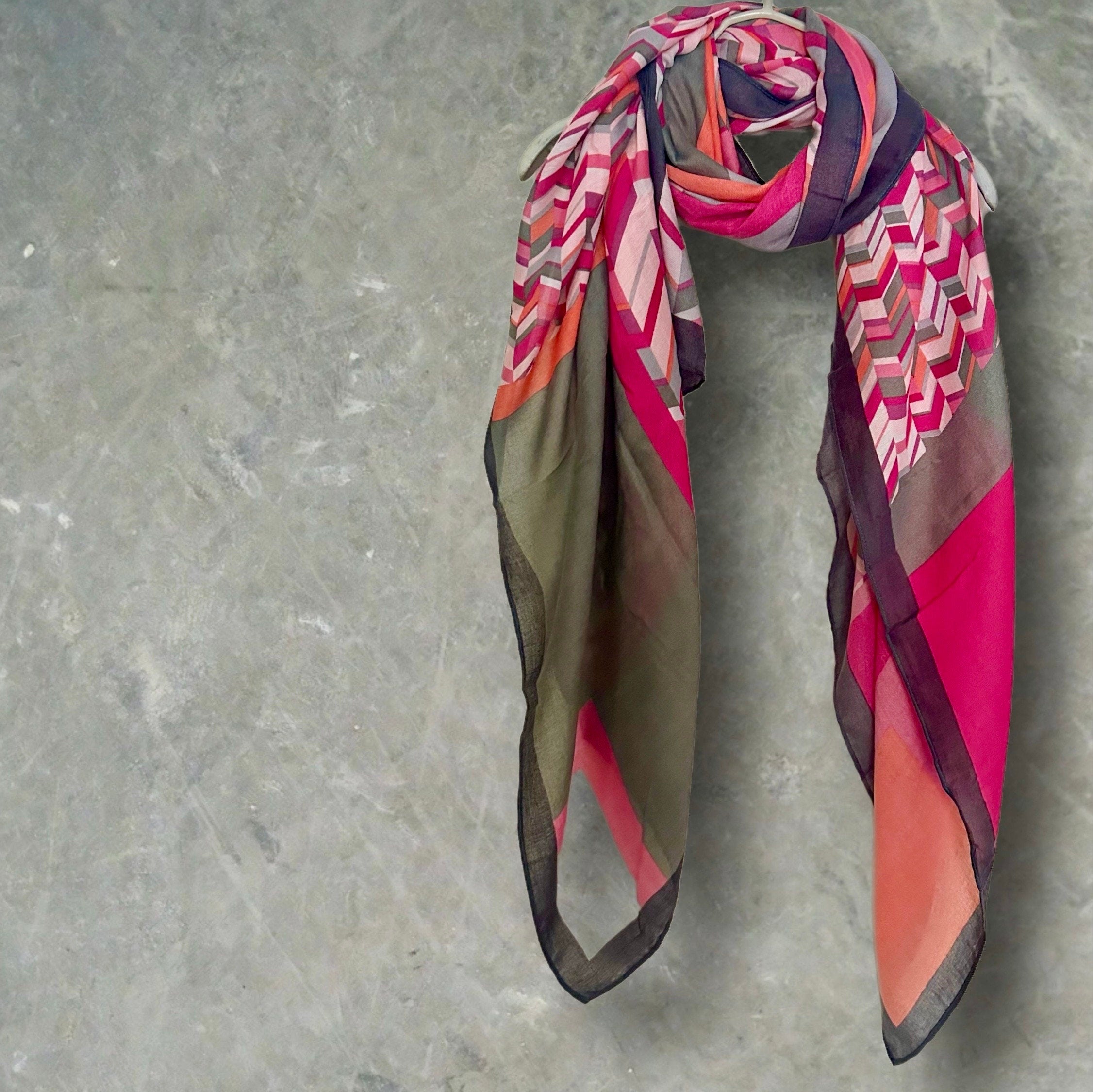 Geometric Pink Scarf with Black Trim