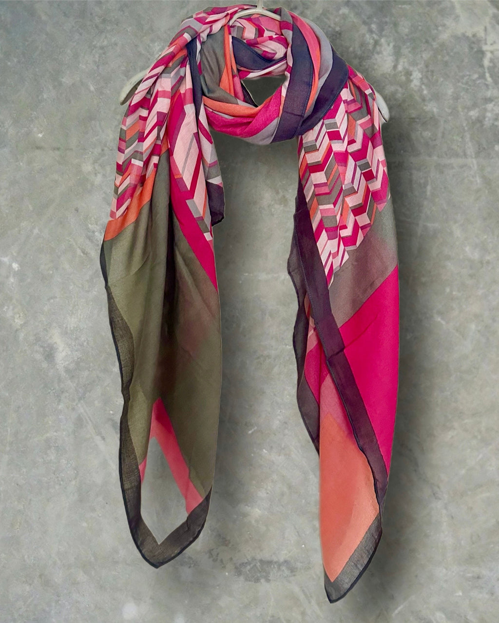 Geometric Pink Scarf with Black Trim