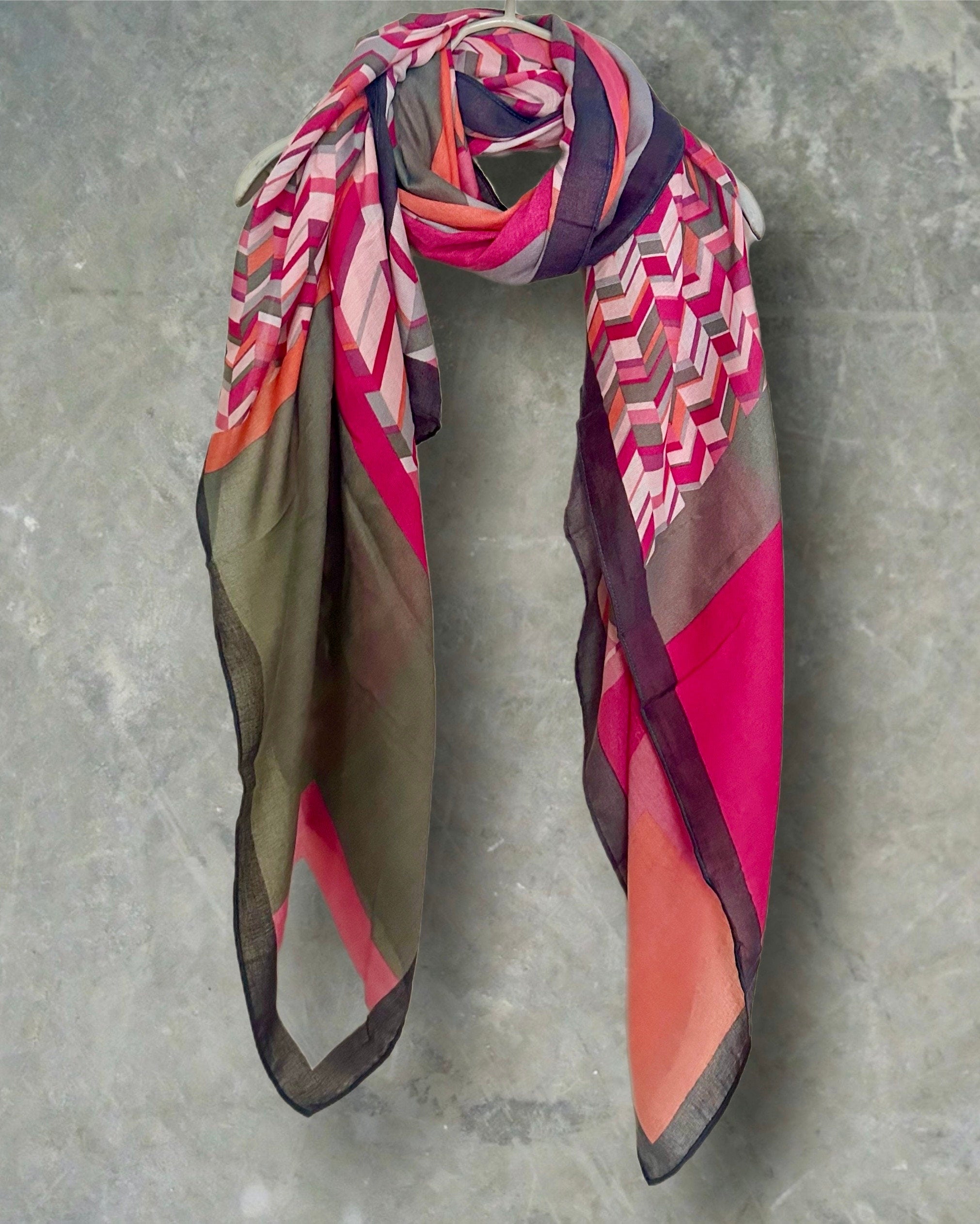 Geometric Pink Scarf with Black Trim