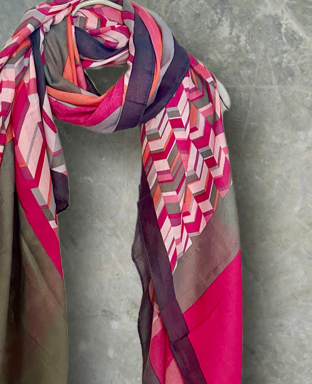 Geometric Pink Scarf with Black Trim