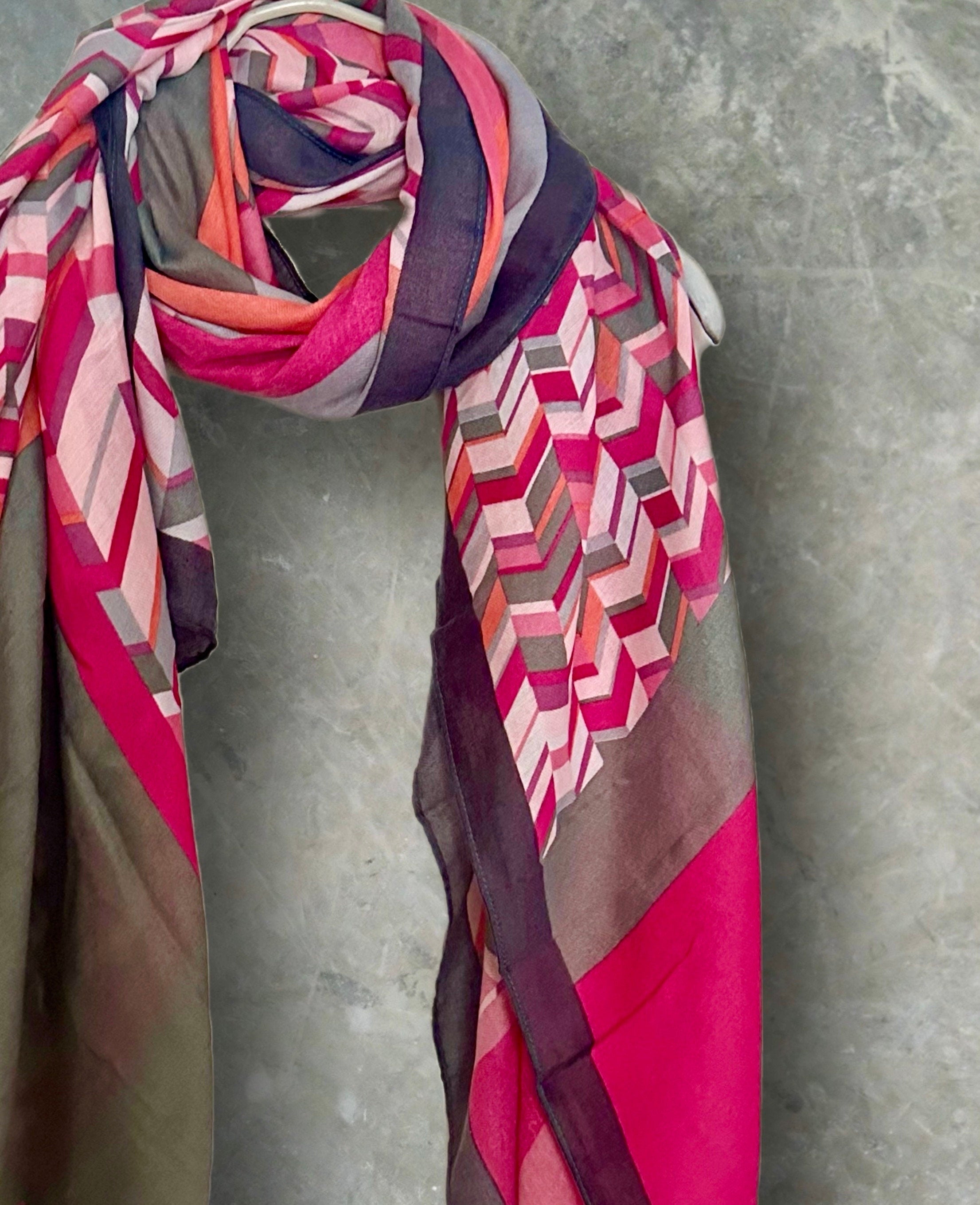 Geometric Pink Scarf with Black Trim
