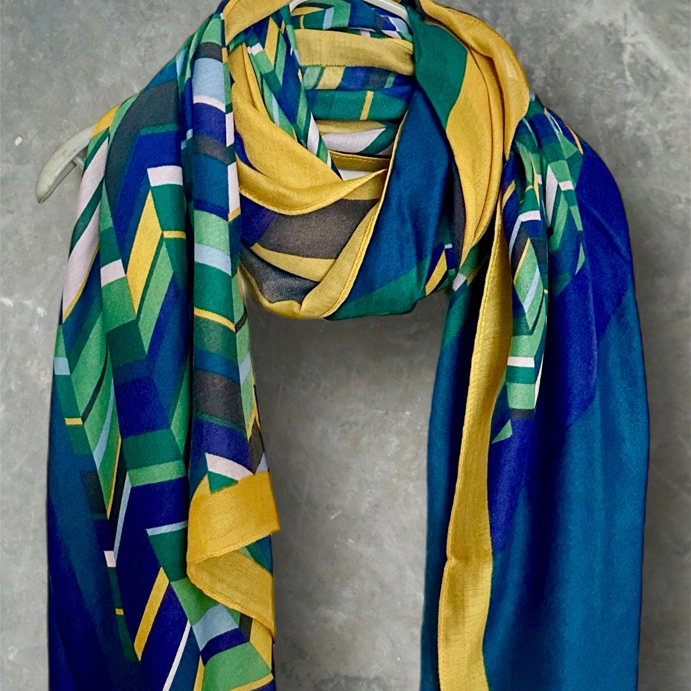 Geometric with Yellow Trim Blue Scarf