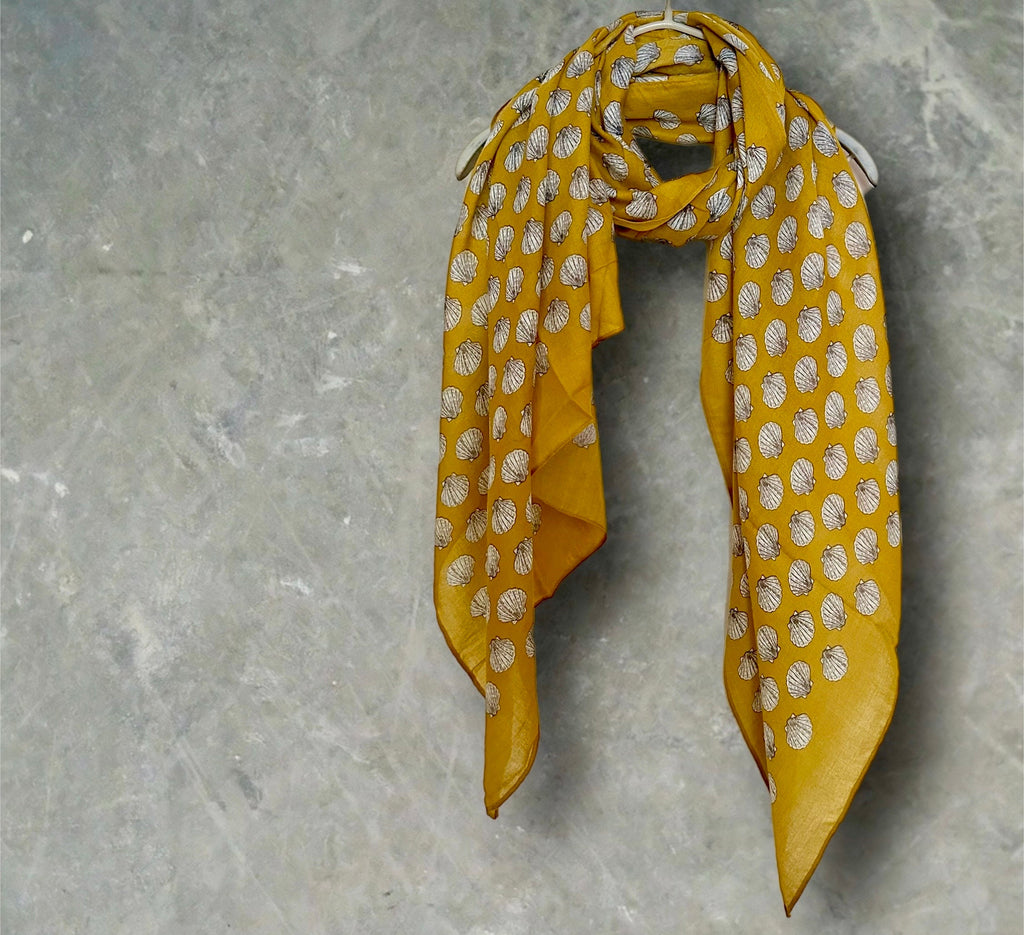 Mustard Yellow Seashells Pattern Cotton Scarf