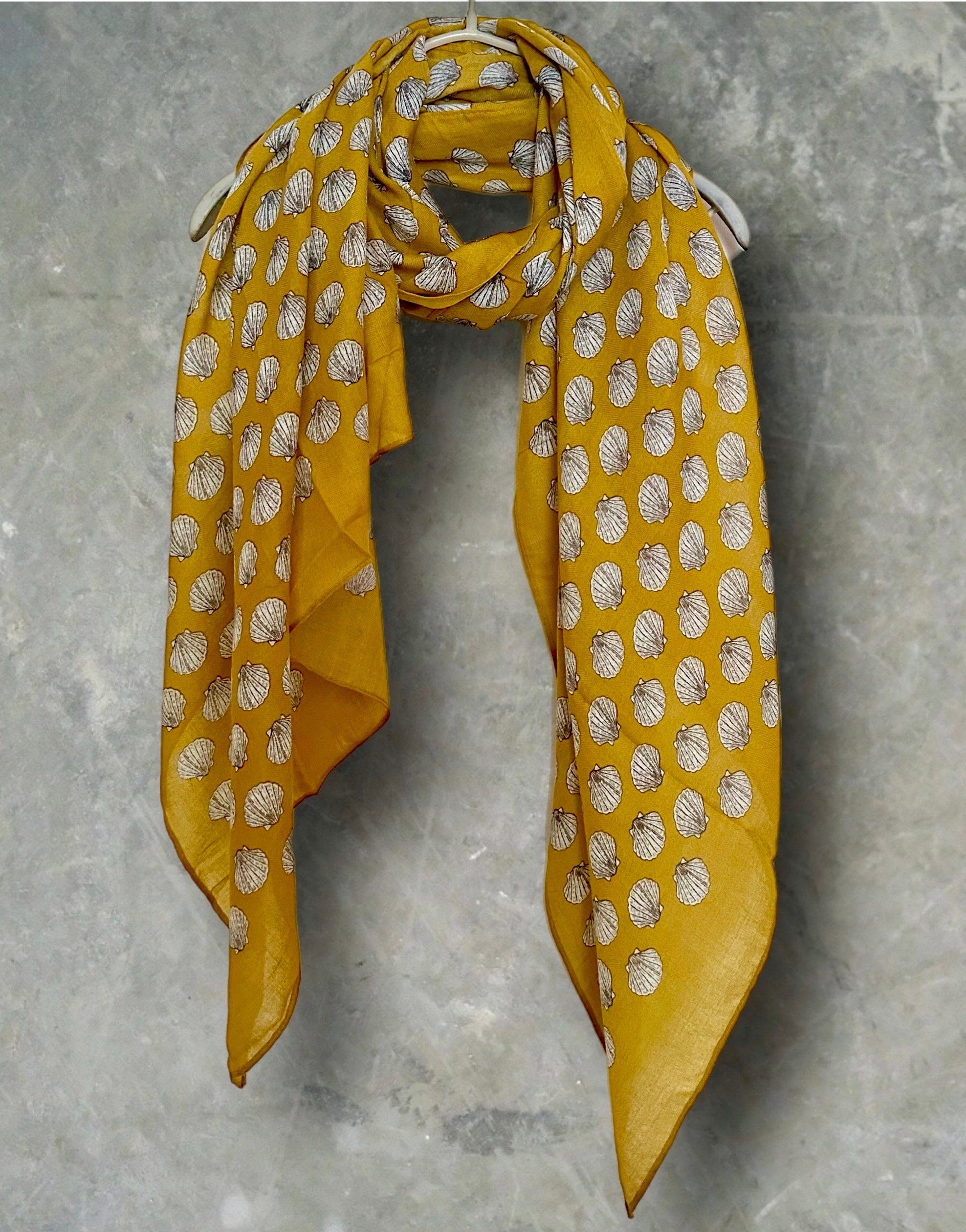Mustard Yellow Seashells Pattern Cotton Scarf