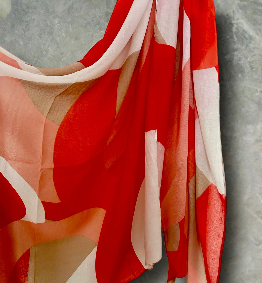 Red and White Geometric Abstract Cotton Scarf