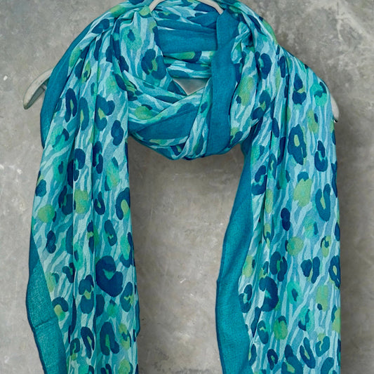 Blue Green Classic Leopard Print Cotton Scarf for Women,Suitable for All Season,Ideal Gifts for Her,Birthday,Mother,Wife and Christmas