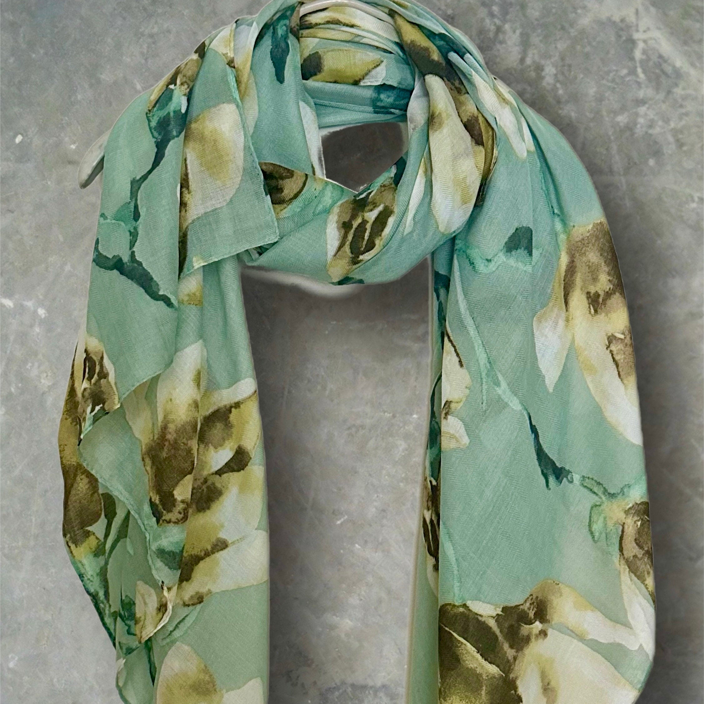 Green Watercolor Magnolia Flowers Cotton Blend Scarf for Women.