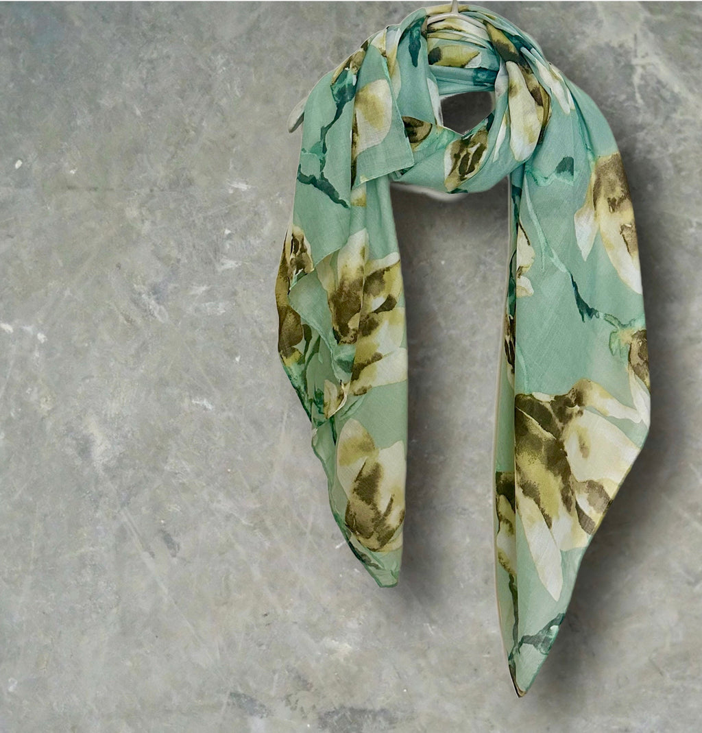 Green Watercolor Magnolia Flowers Cotton Blend Scarf for Women.