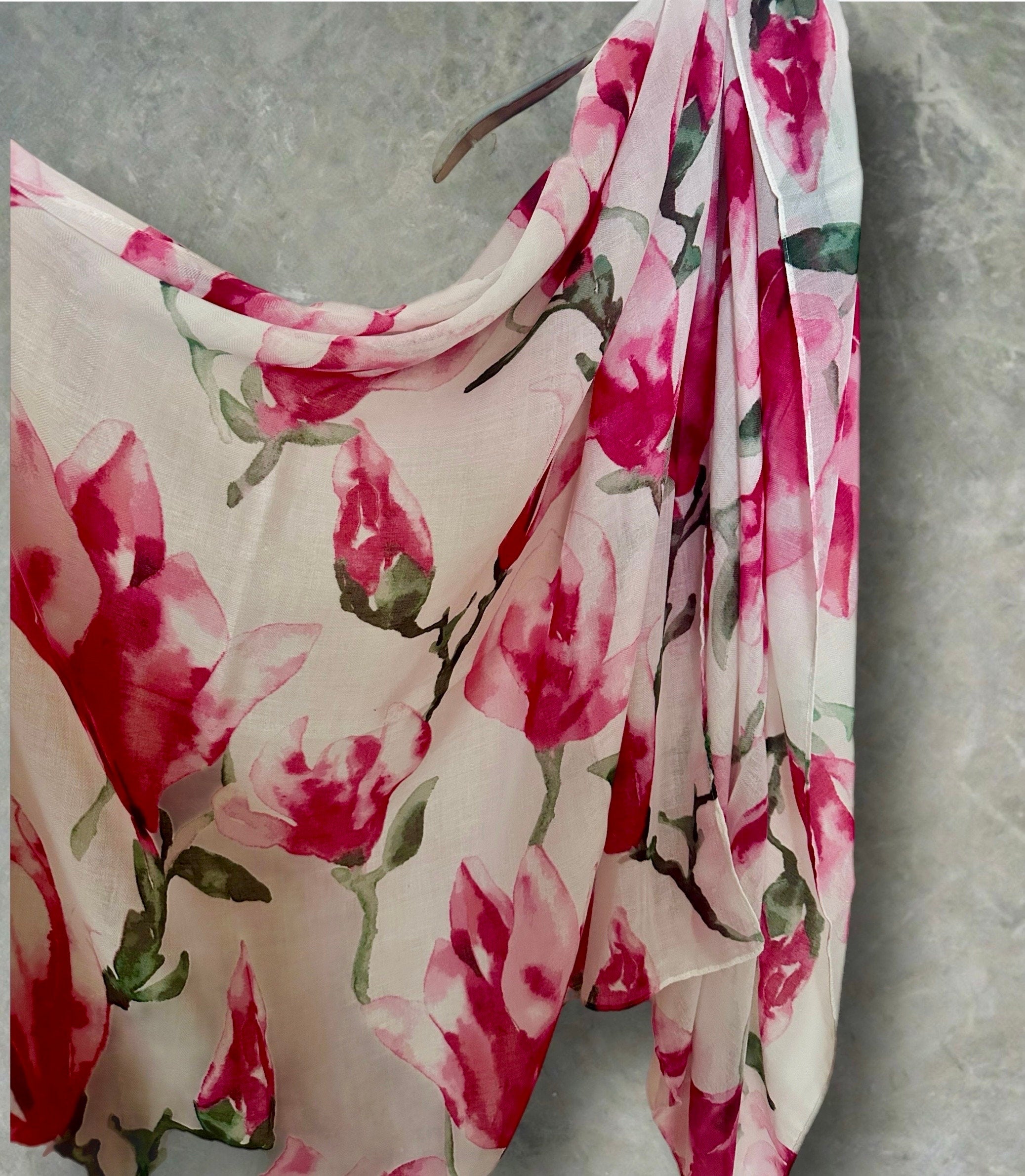 White Watercolor Magnolia Flowers Cotton Blend Scarf