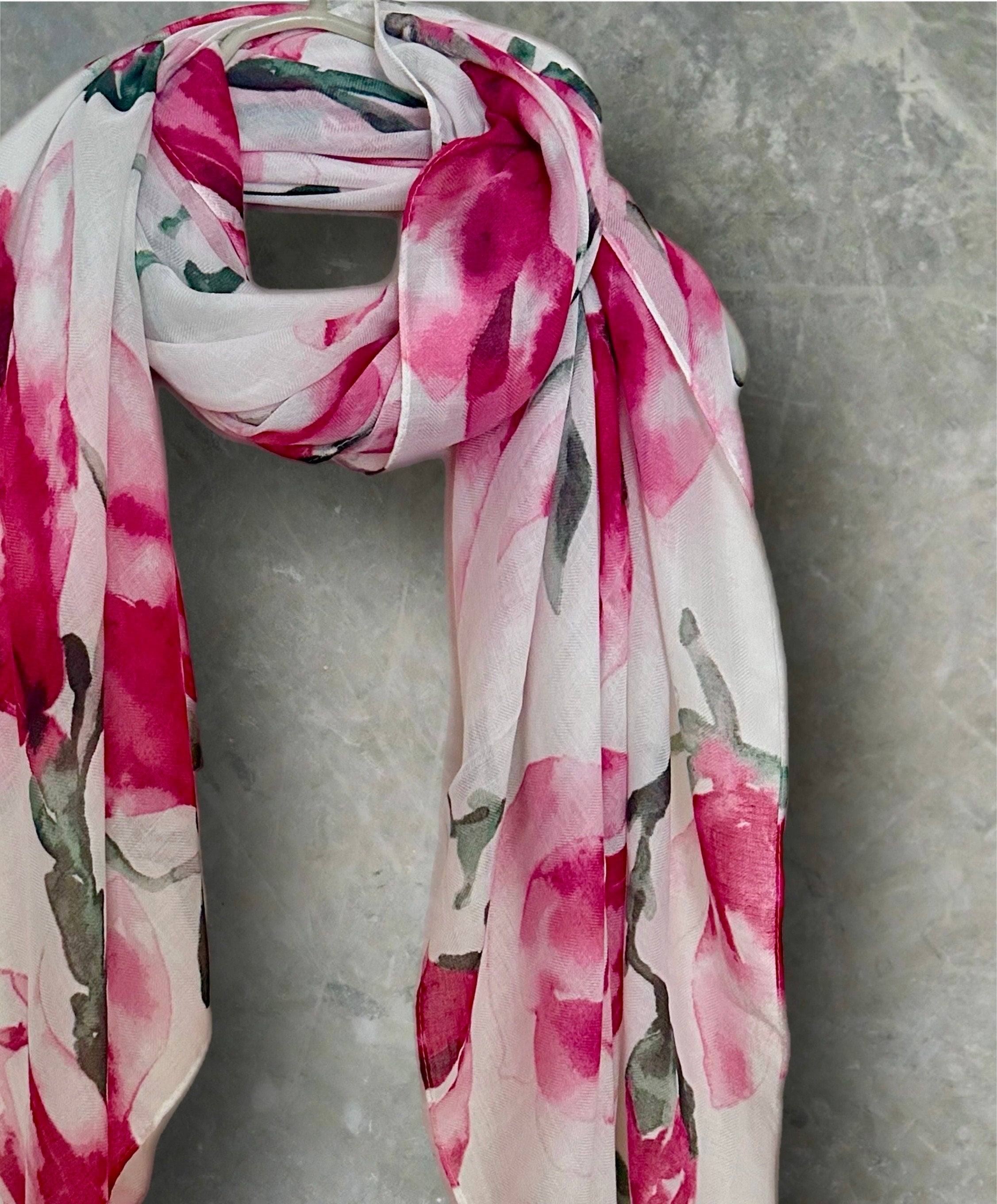 White Watercolor Magnolia Flowers Cotton Blend Scarf