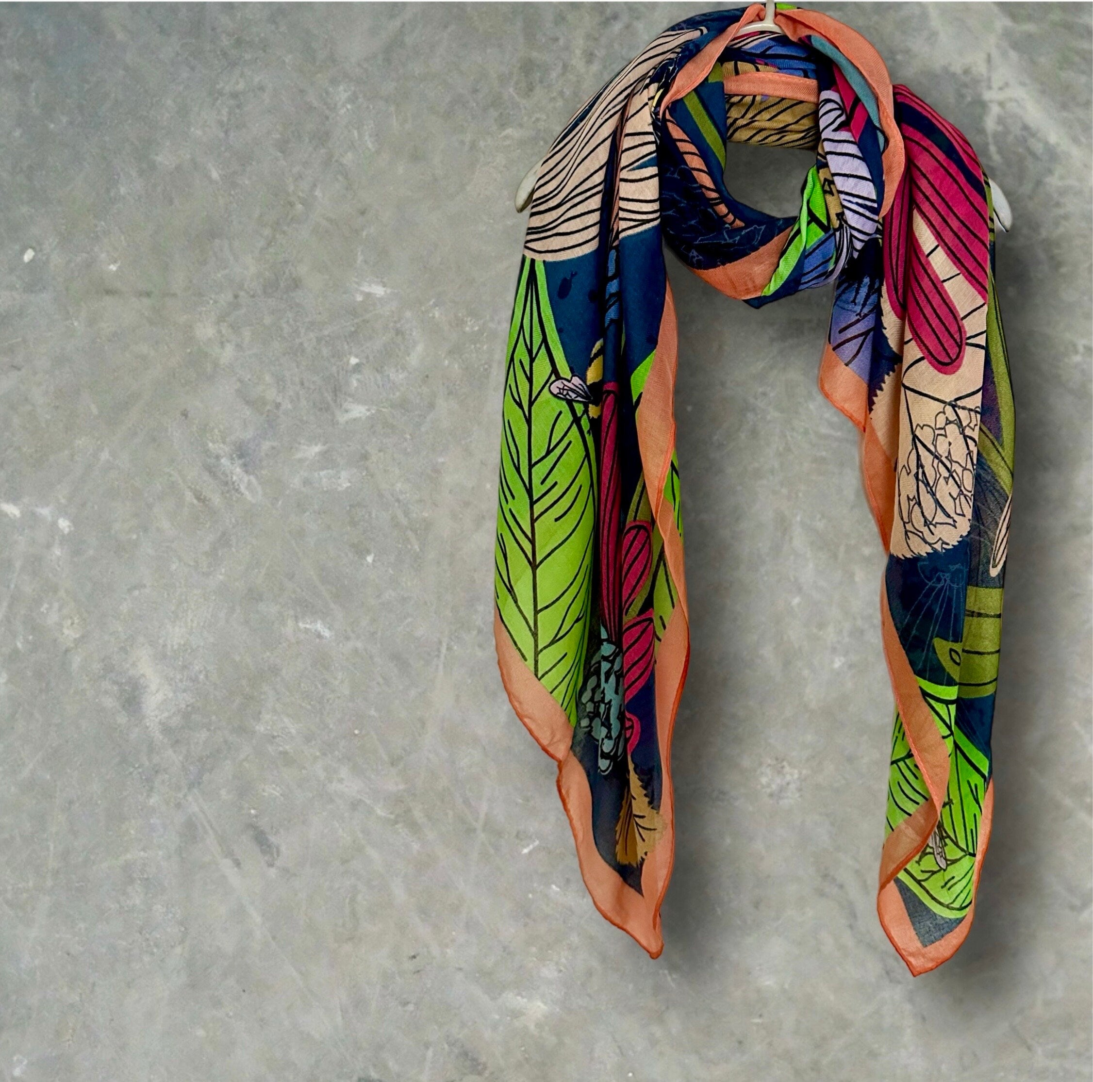 Tropical Floral Design Organic Cotton Blend Scarf with Orange Trim.