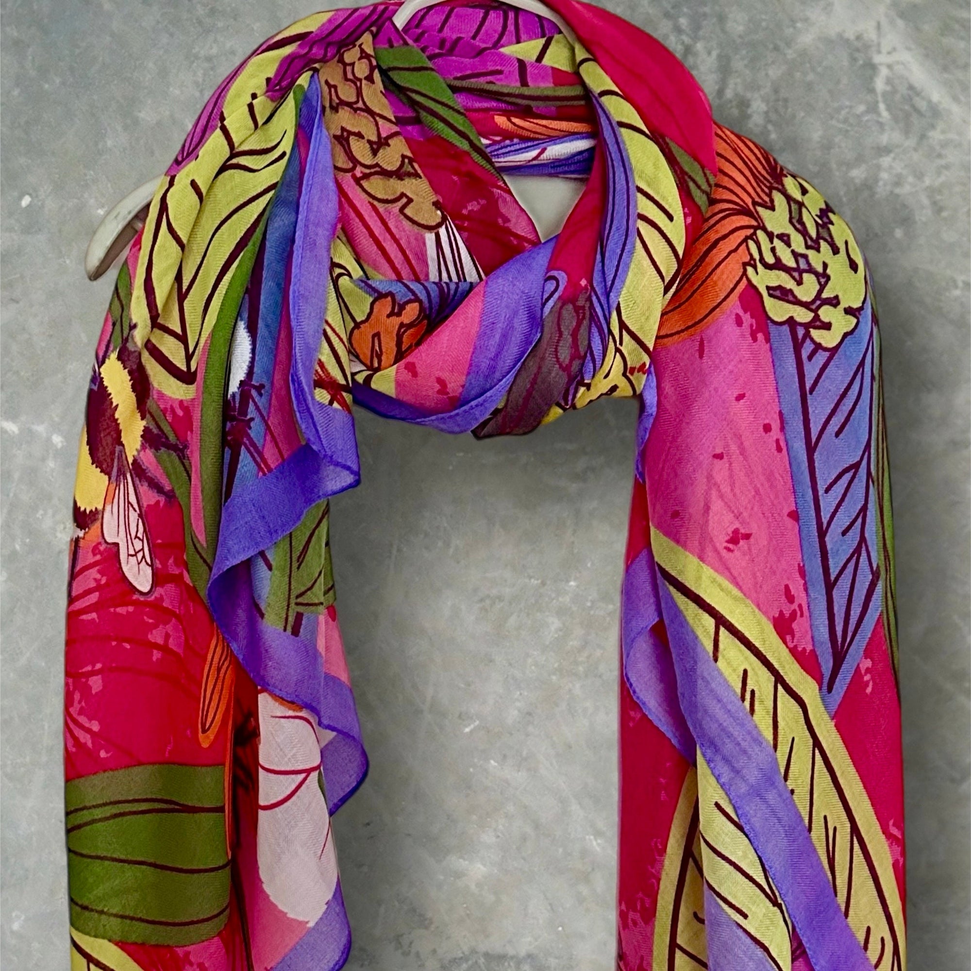 Tropical Floral Design Organic Cotton Blend Scarf with Purple Trim.