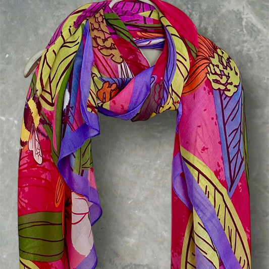 Tropical Floral Design Organic Cotton Scarf with Purple Trim.Great for Any Season,Ideal Gifts for Her,Mom,Birthdays and Christmas