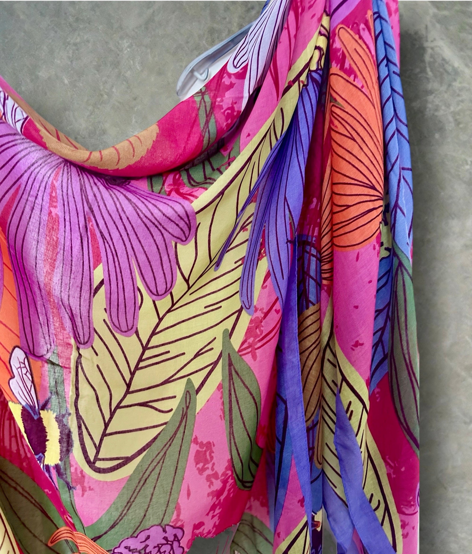 Tropical Floral Design Organic Cotton Blend Scarf with Purple Trim.