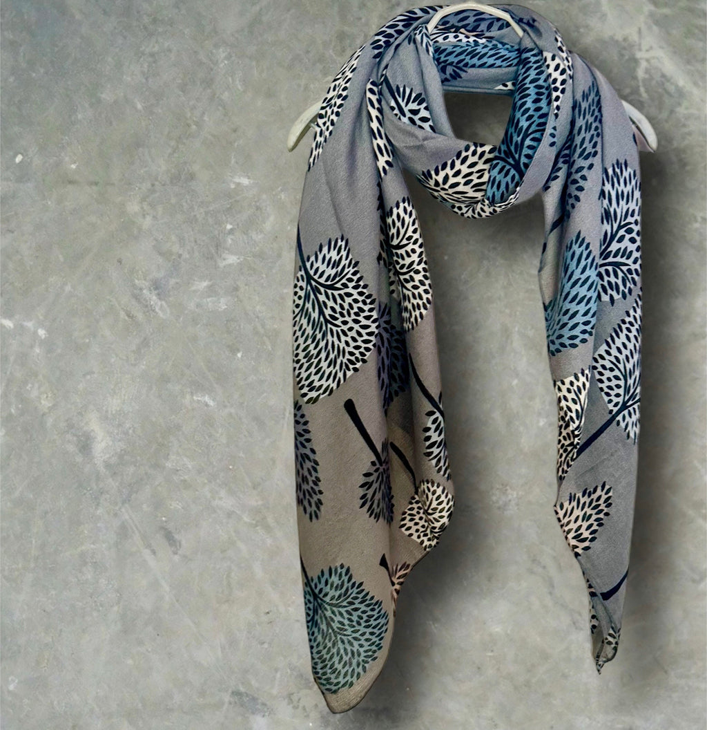 Stylish Grey Botanical Print Featuring various Tree Cotton Blend Scarf