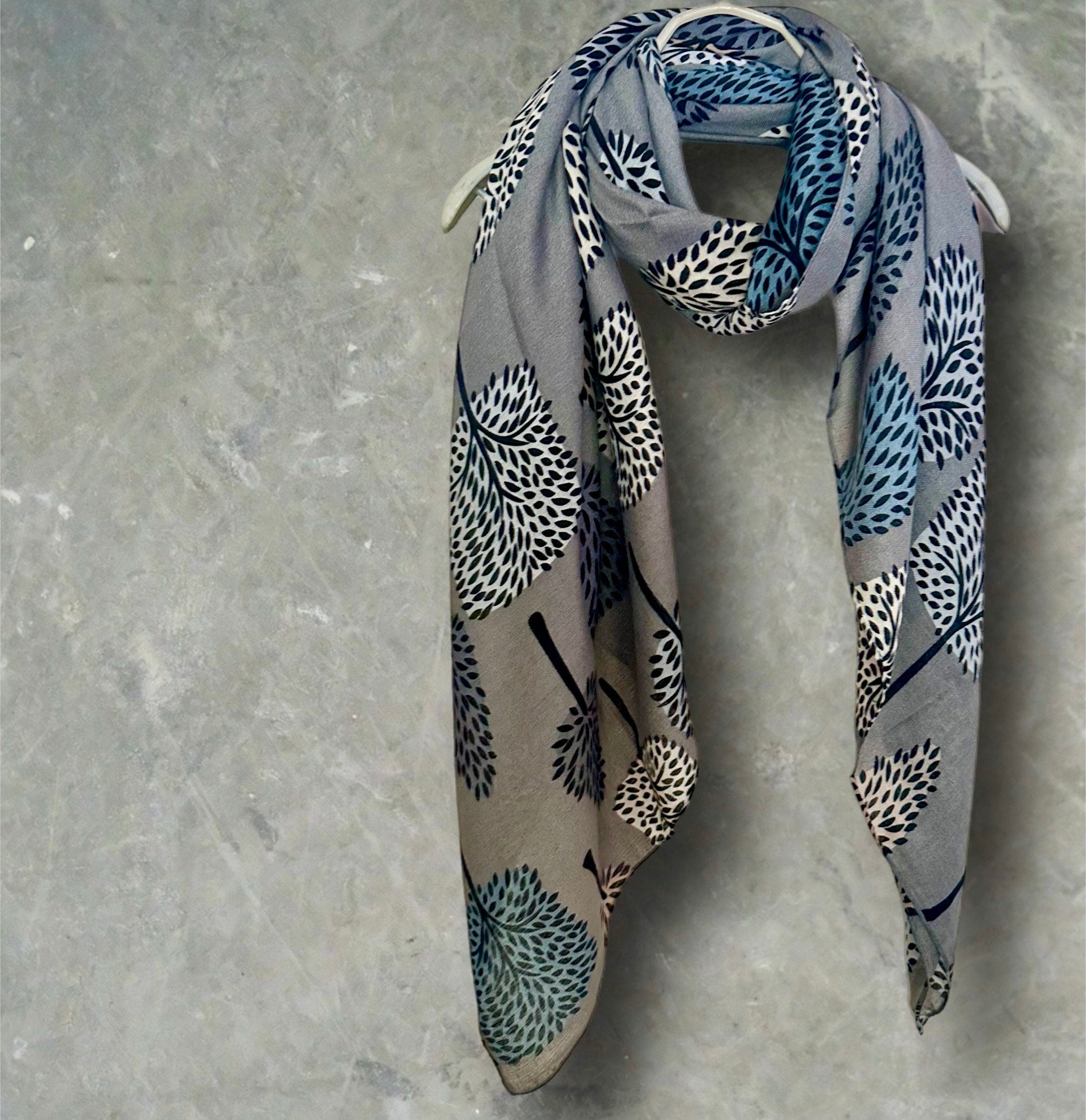 Stylish Grey Botanical Print Featuring various Tree Cotton Blend Scarf