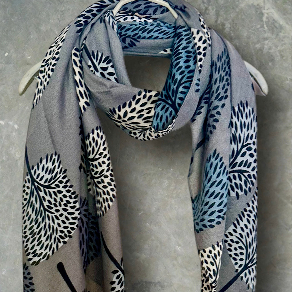 Stylish Grey Botanical Print Featuring various Tree Cotton Blend Scarf